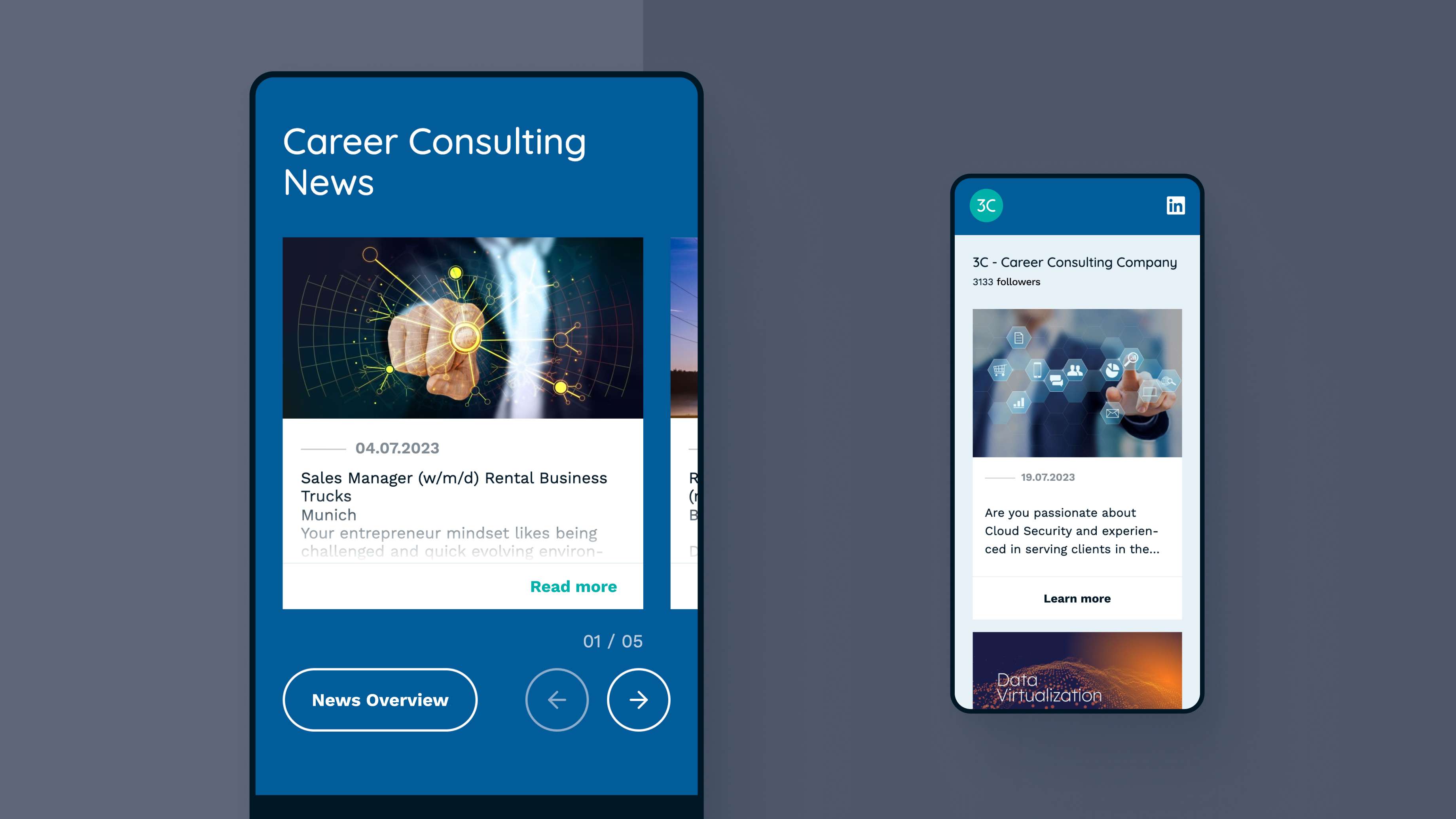 Mockups from the 3C-Career Consulting page in a tablet and a smartphone showing a job listing