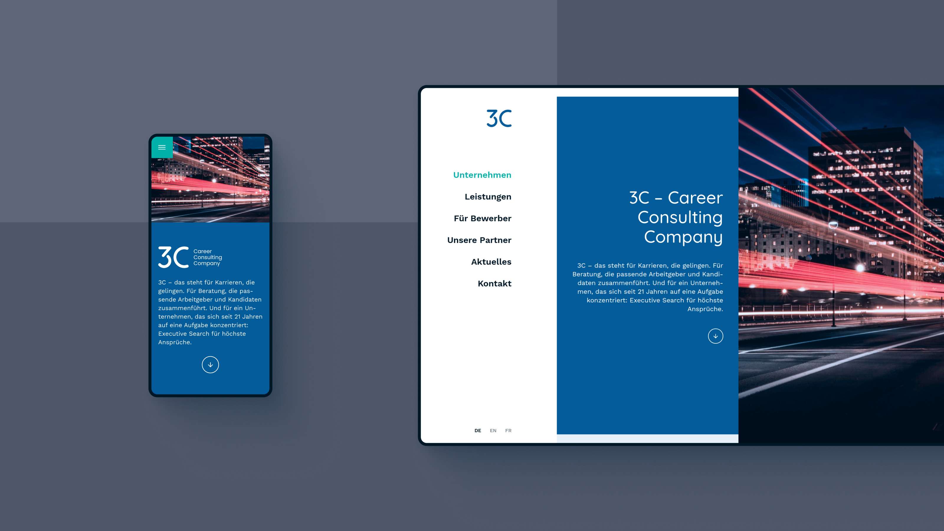 Mockup of the company page of the 3C website in a tablet and a smartphone