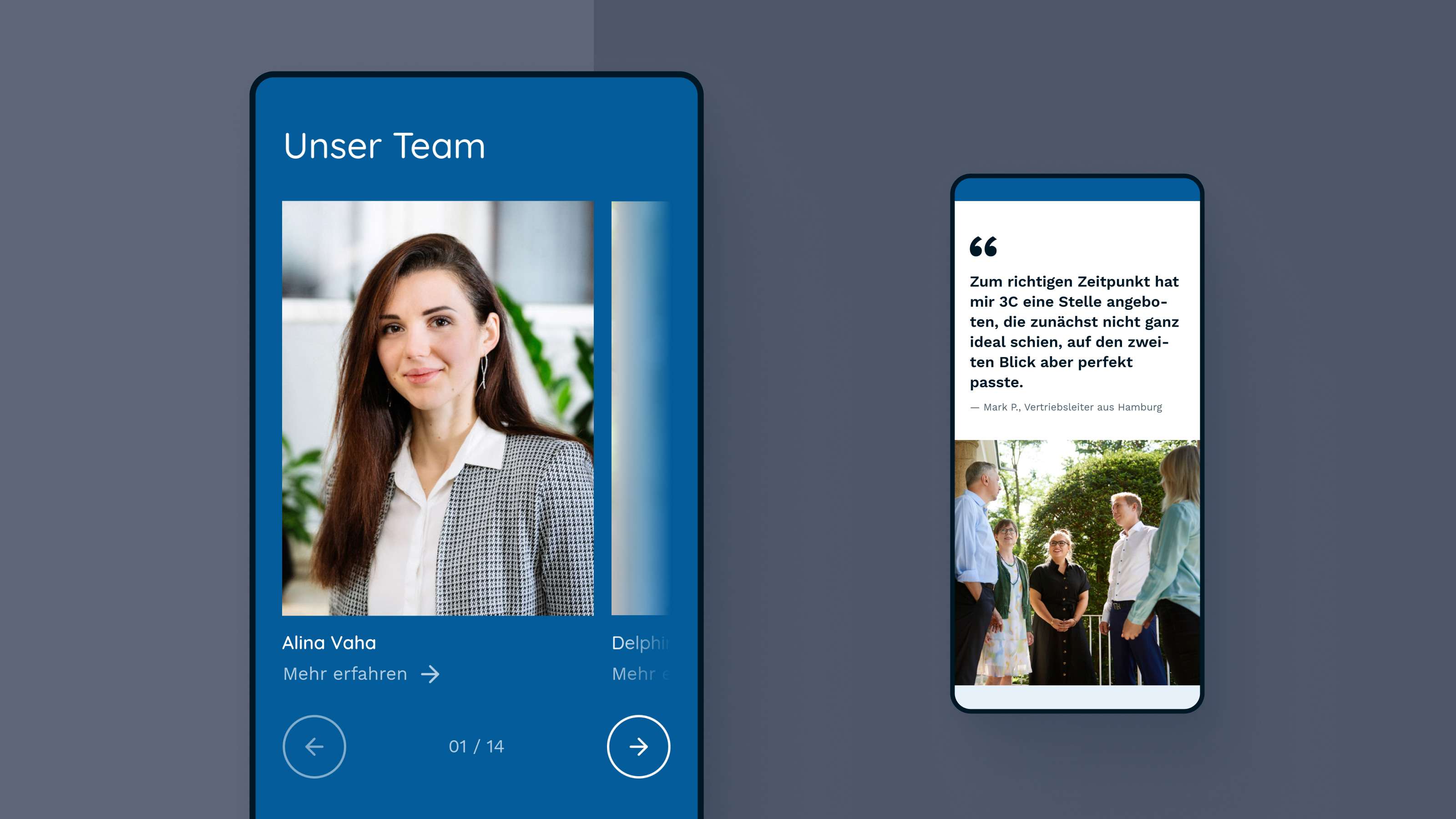 Mockup of the page “our team” on which an exemplary member of the 3C team is shown in a tablet, and a quote by the marketing manager in a smartphone