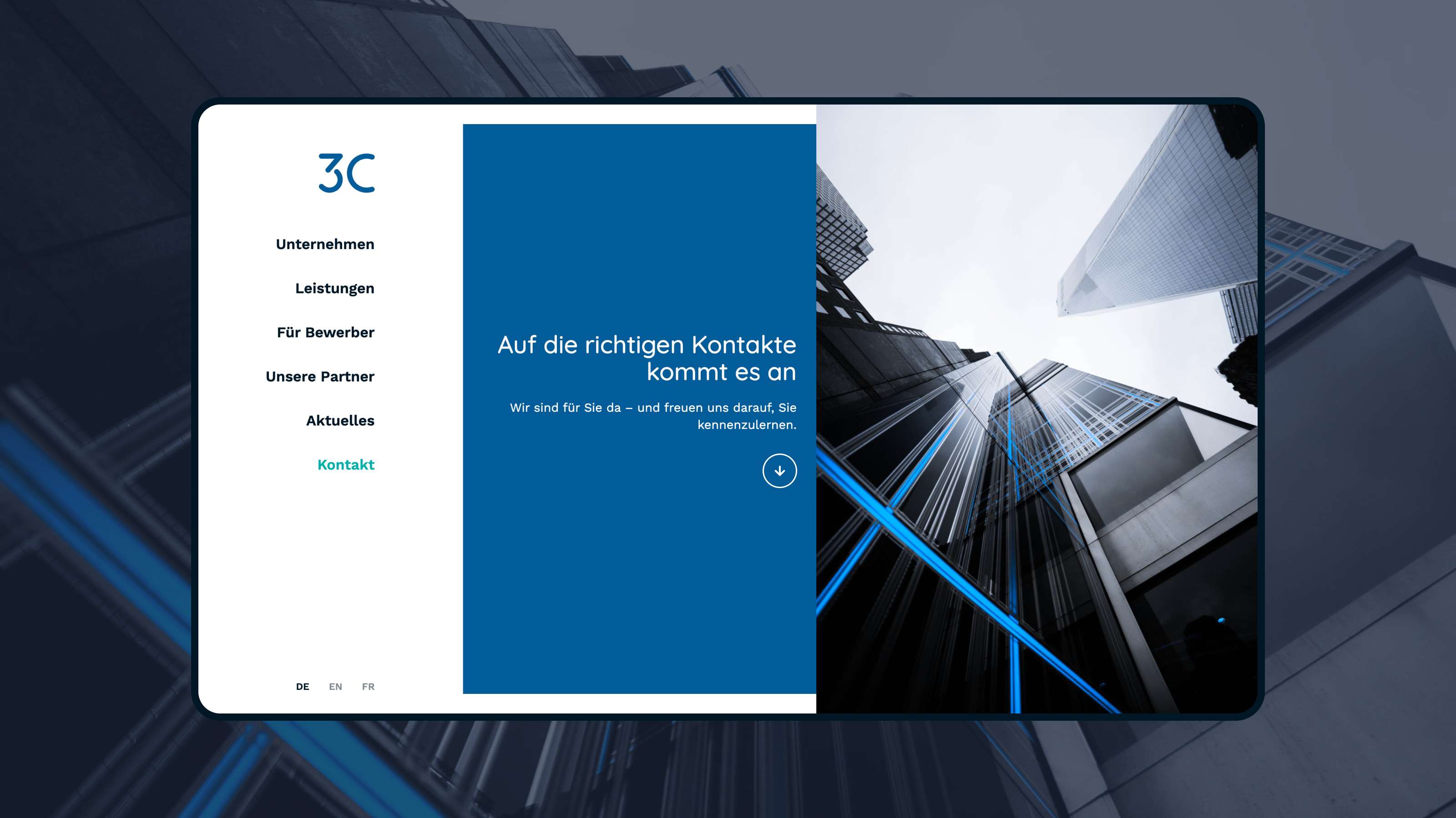 Screenshot of the contact page of the 3C website: main navigation and claim “The right contacts are what matter” and a sky scraper photographed from worms-eye-view