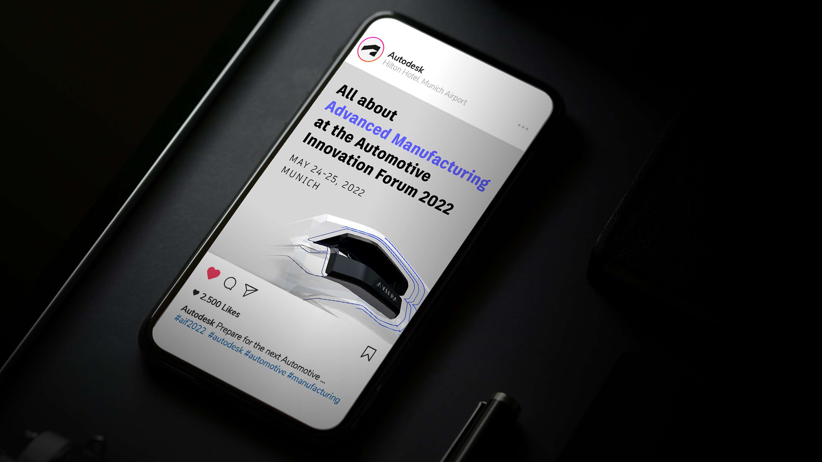 Mockup of an Instagram post in a smartphone that refers to the Automotive Innovation Forum 2022