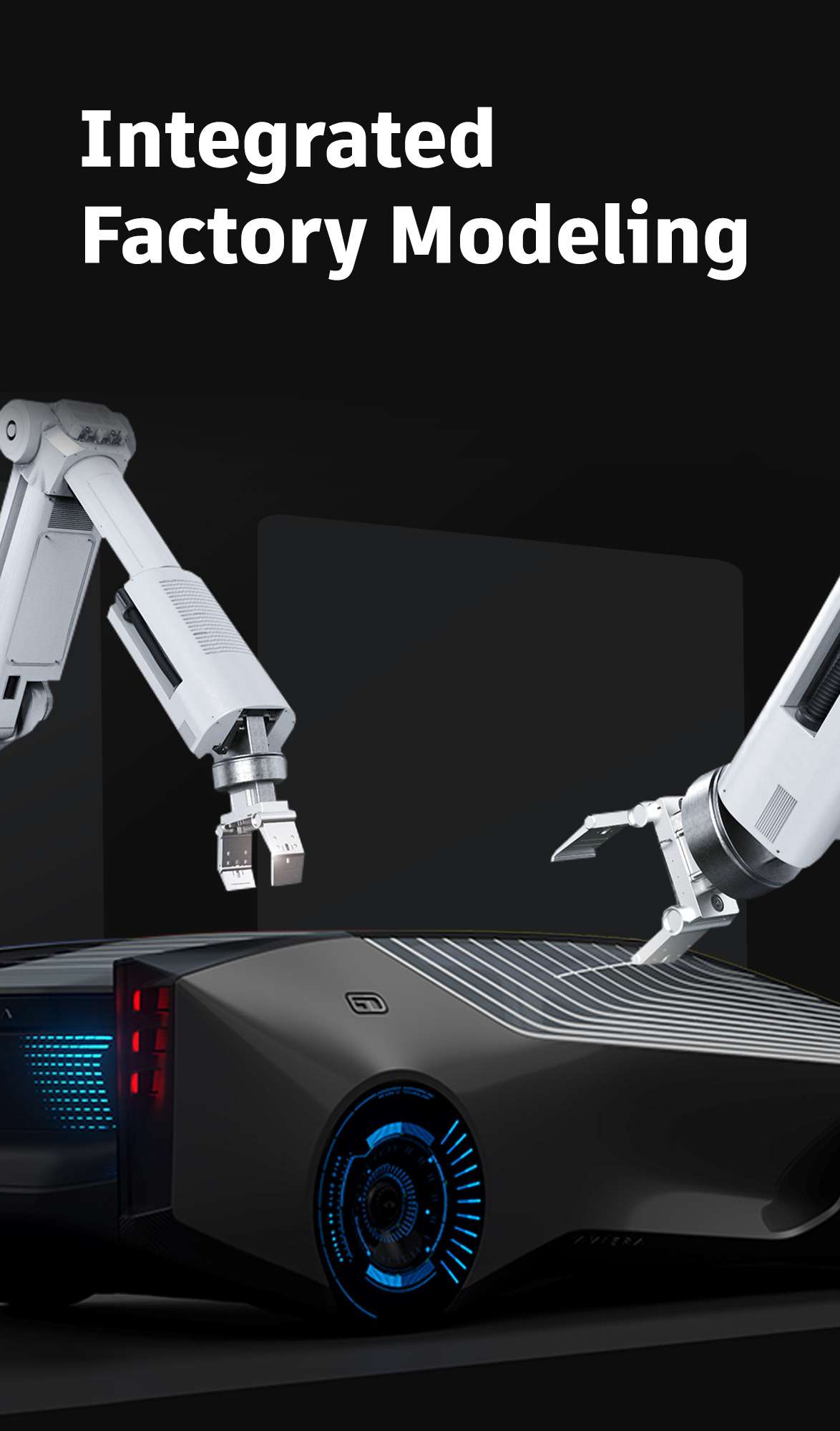 Two robot arms work on one device, the picture is titled