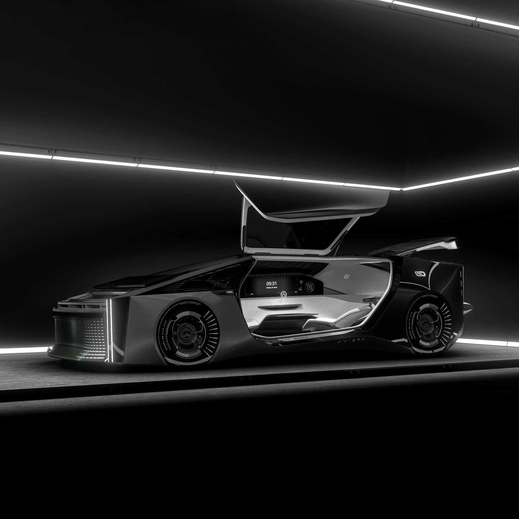 Black futuristic car with gullwing doors in front of a classy black backdrop with LED strips