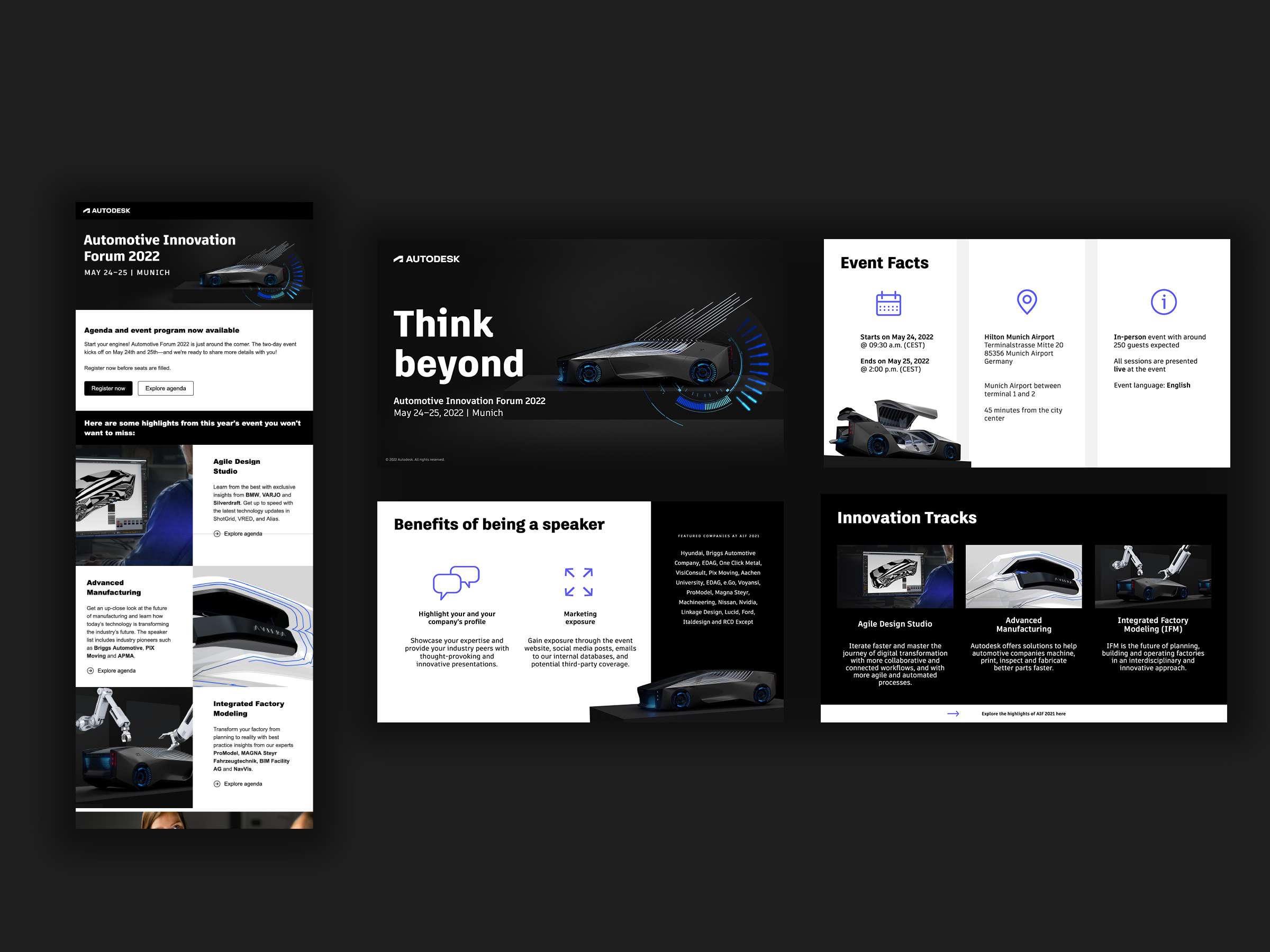 3 screenshots of the EDMs and the landing page for the Automotive Innovation Forum 2022 with event facts, benefits for speakers and trailers for the agenda
