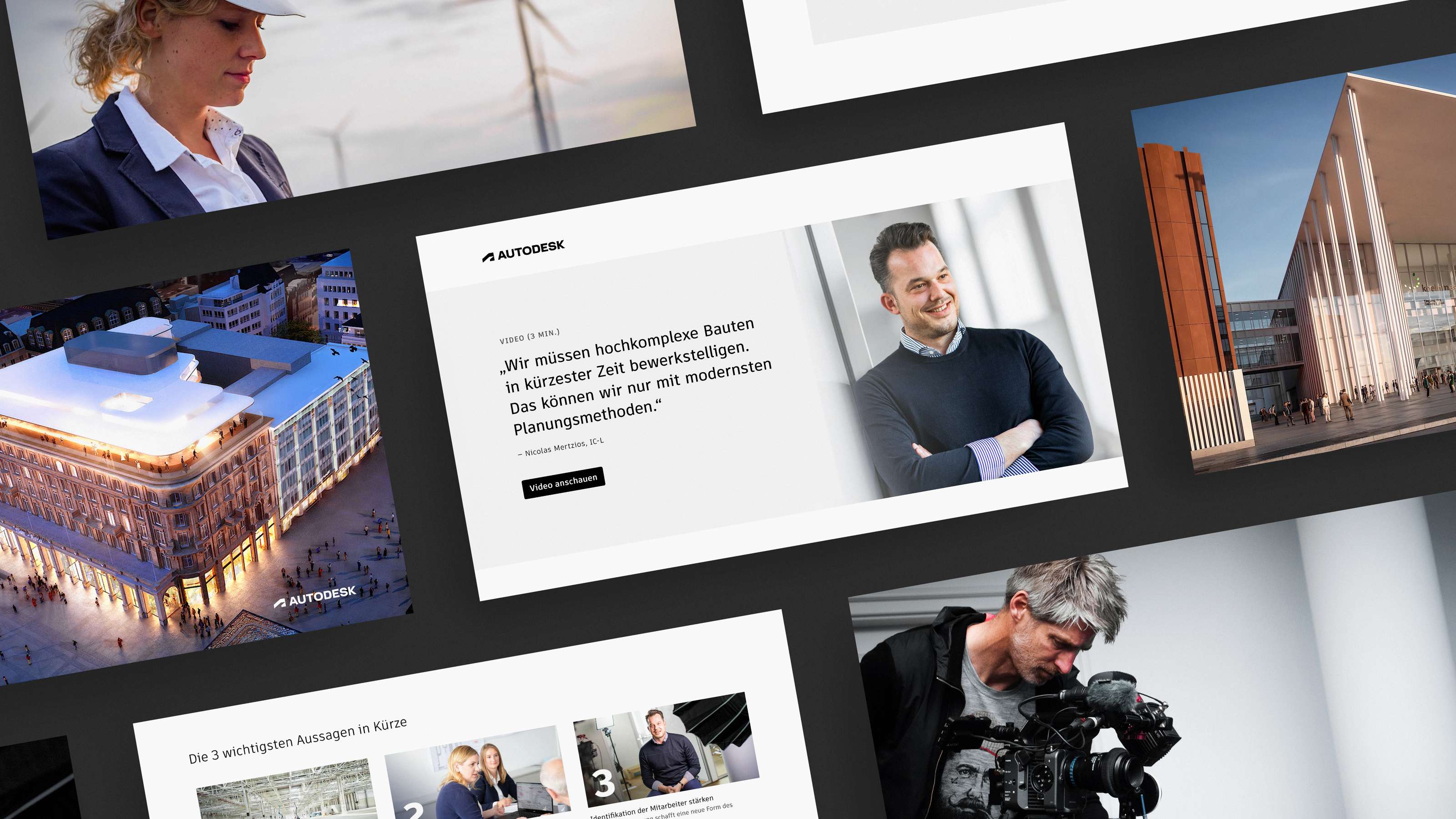Several screenshots of the landing page for the Thought Leader campaign and photos and photos of buildings and behind the scenes from the production of the campaign