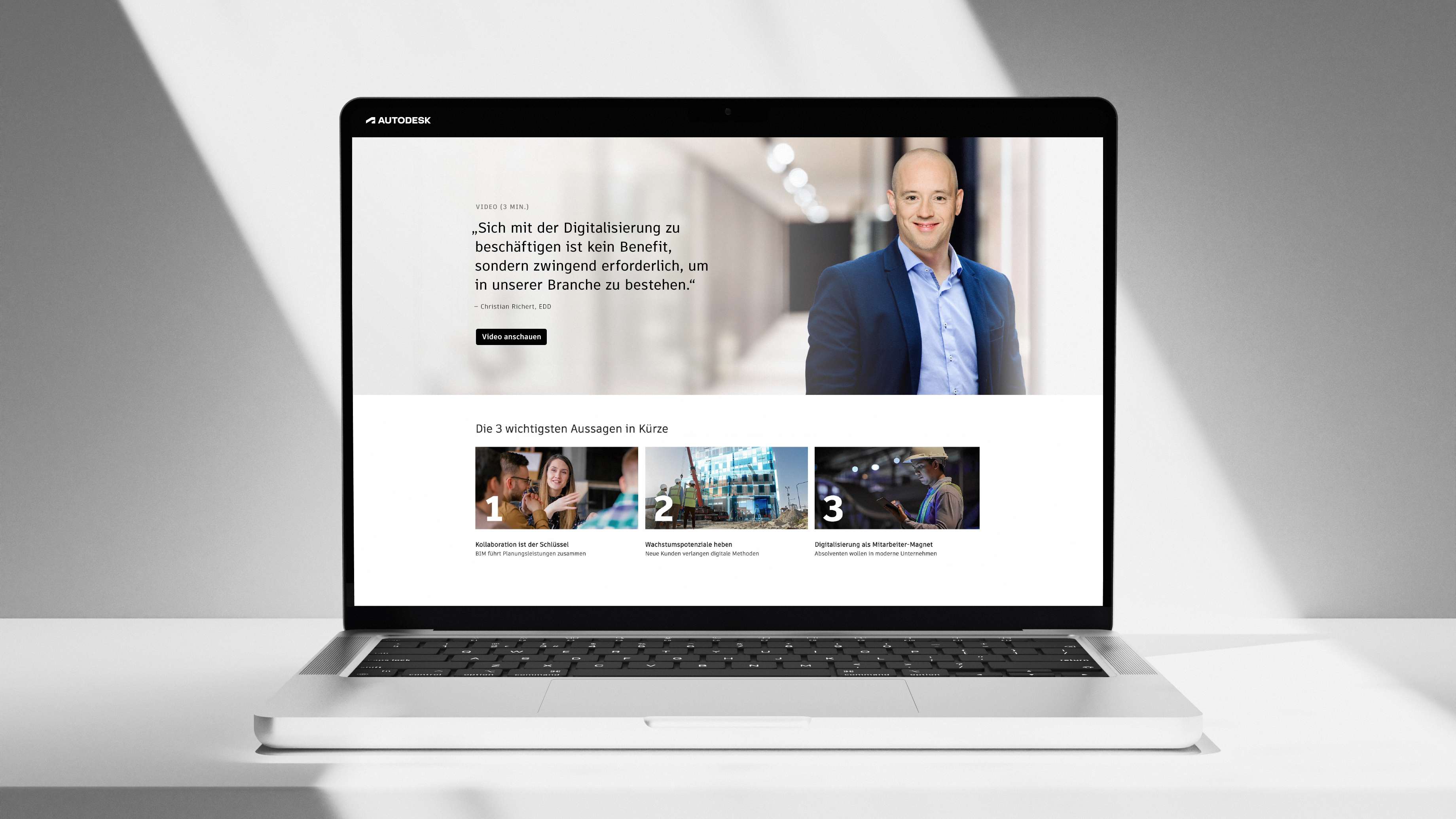 Mockup from the Thought Leader campaign website in a Macbook on a white table: a quote and the three most important key messages in an overview
