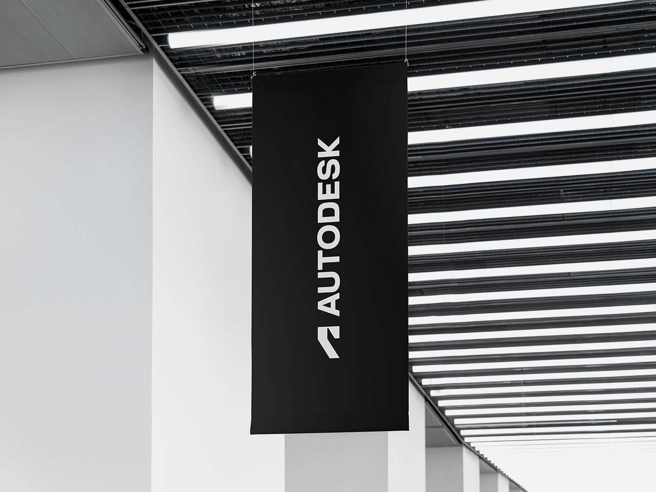 Autodesk trade fair banner with logo hanging from the ceiling 