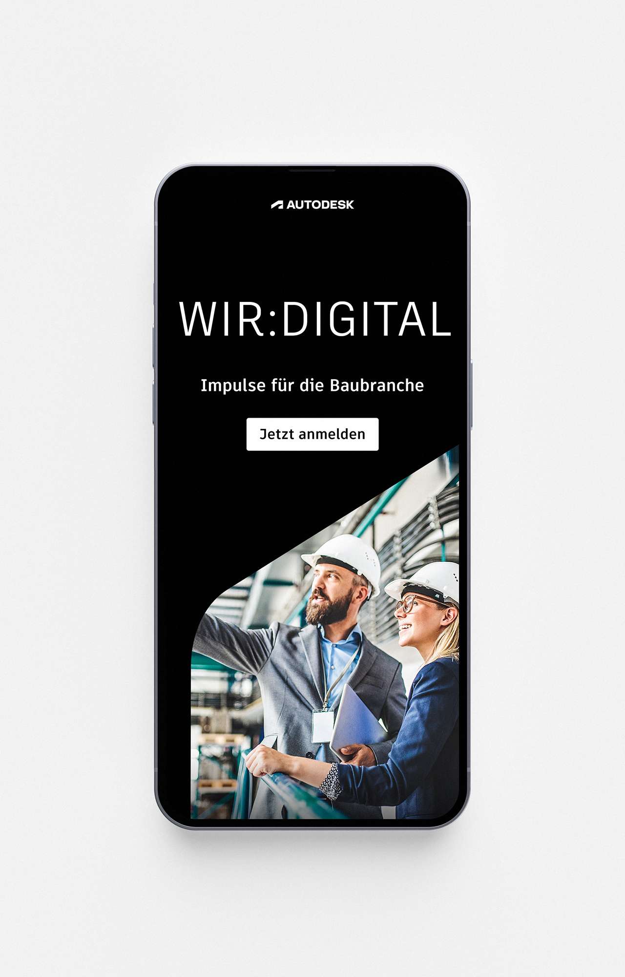 Mockup of the WIR:DIGITAL website in a smartphone on a white background with the CTA “Sign up now”