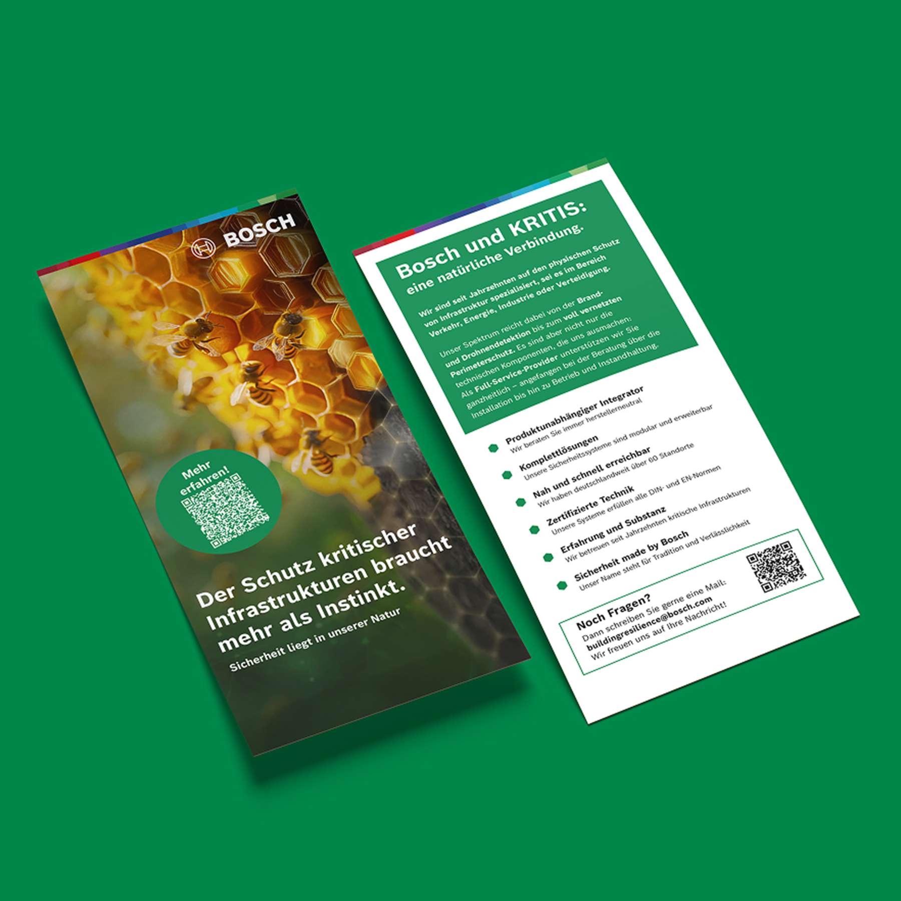 Flyer from the KRITIS campaign with the honeycomb visual – for distribution to trade fair visitors.