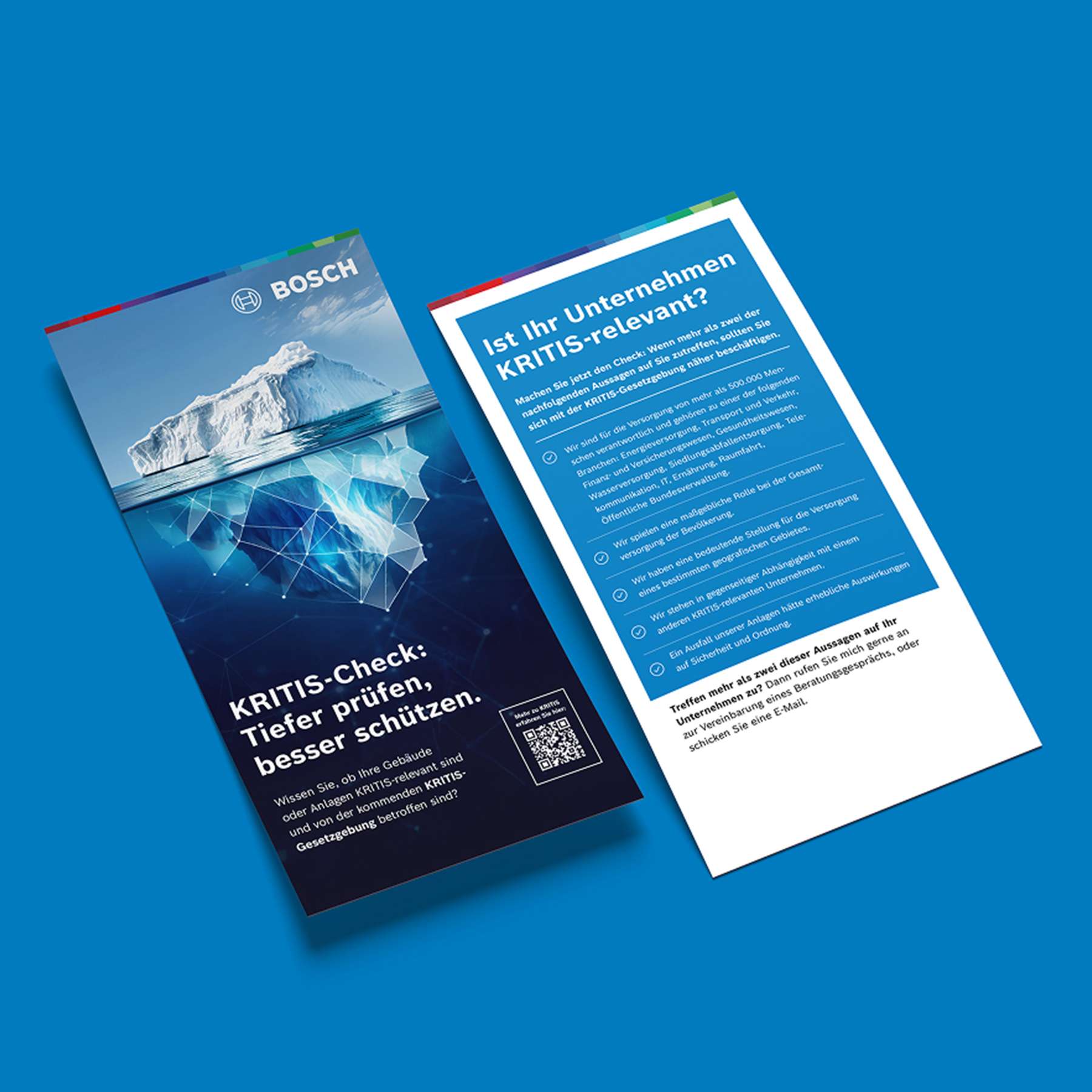 Flyer from the KRITIS campaign featuring an iceberg visual. On the back, entrepreneurs can do a KRITIS check.