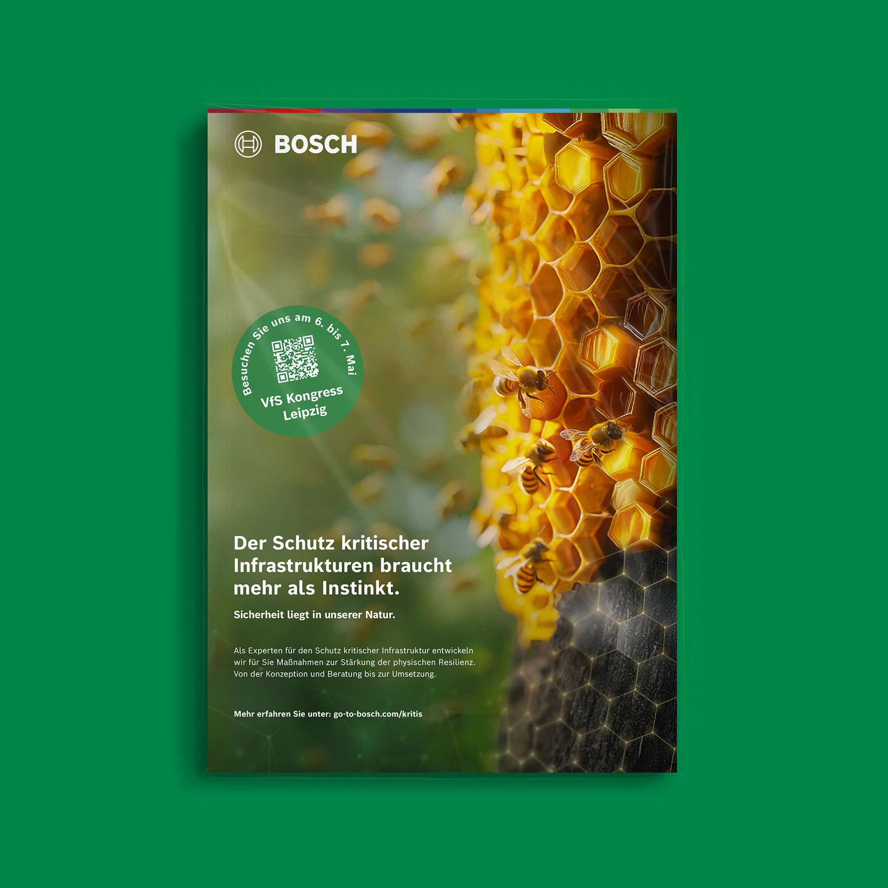 Full-page advertisement from the KRITIS campaign with a honeycomb visual and the headline