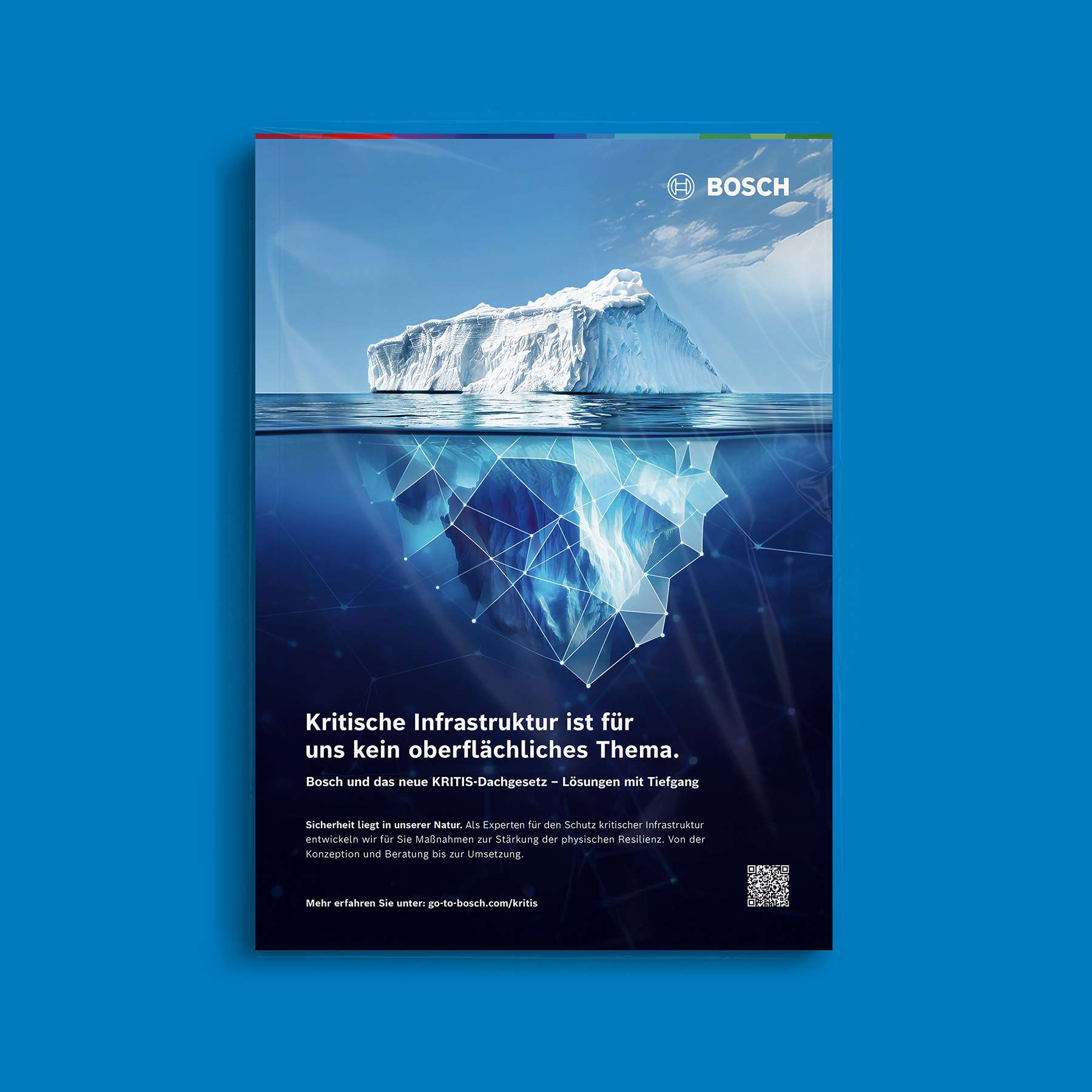 Print ad visual from the KRITIS campaign: Beneath a drifting iceberg the headline