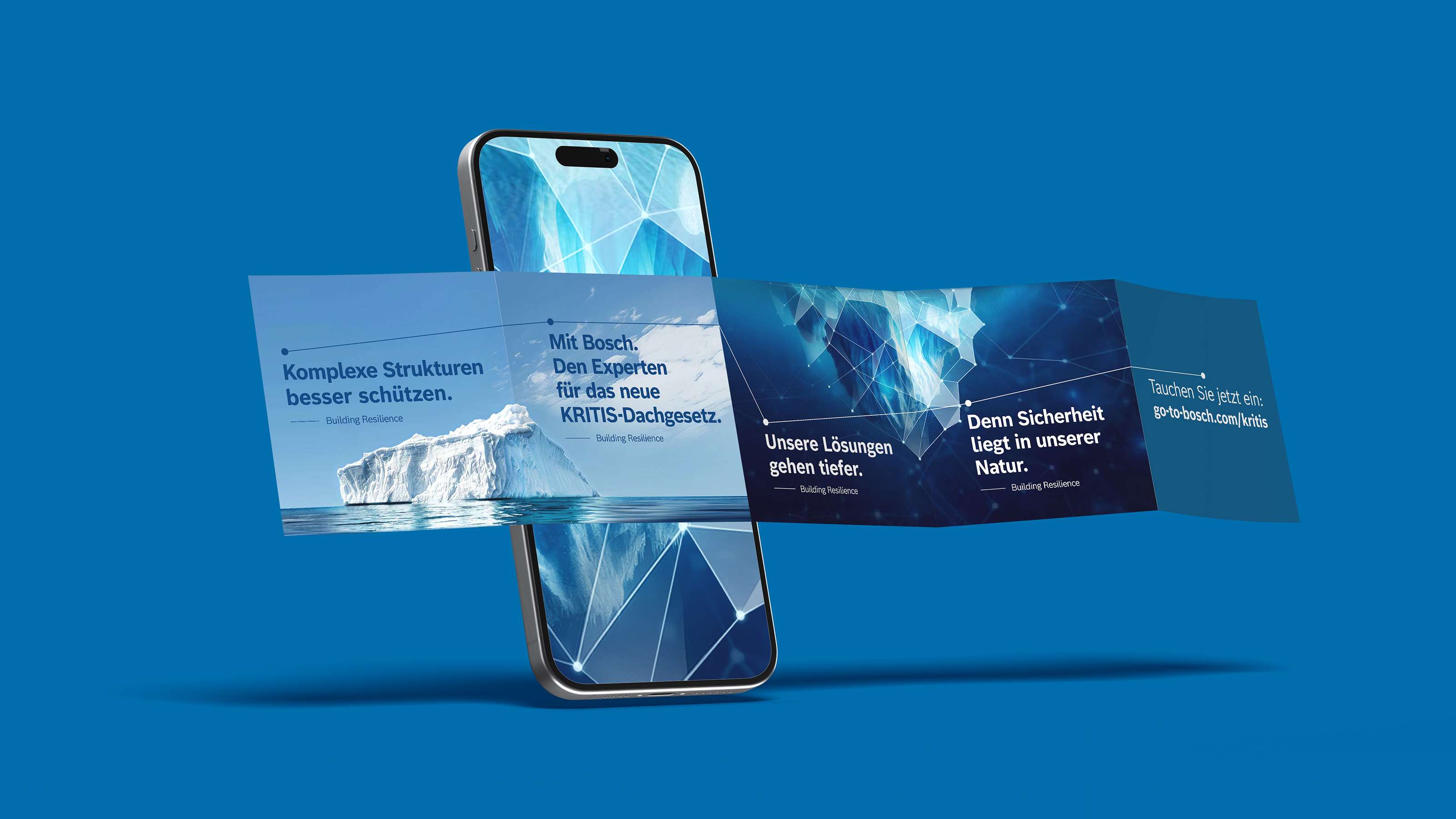 Infographic of a five-step carousel ad with the iceberg visual on a mobile phone screen.