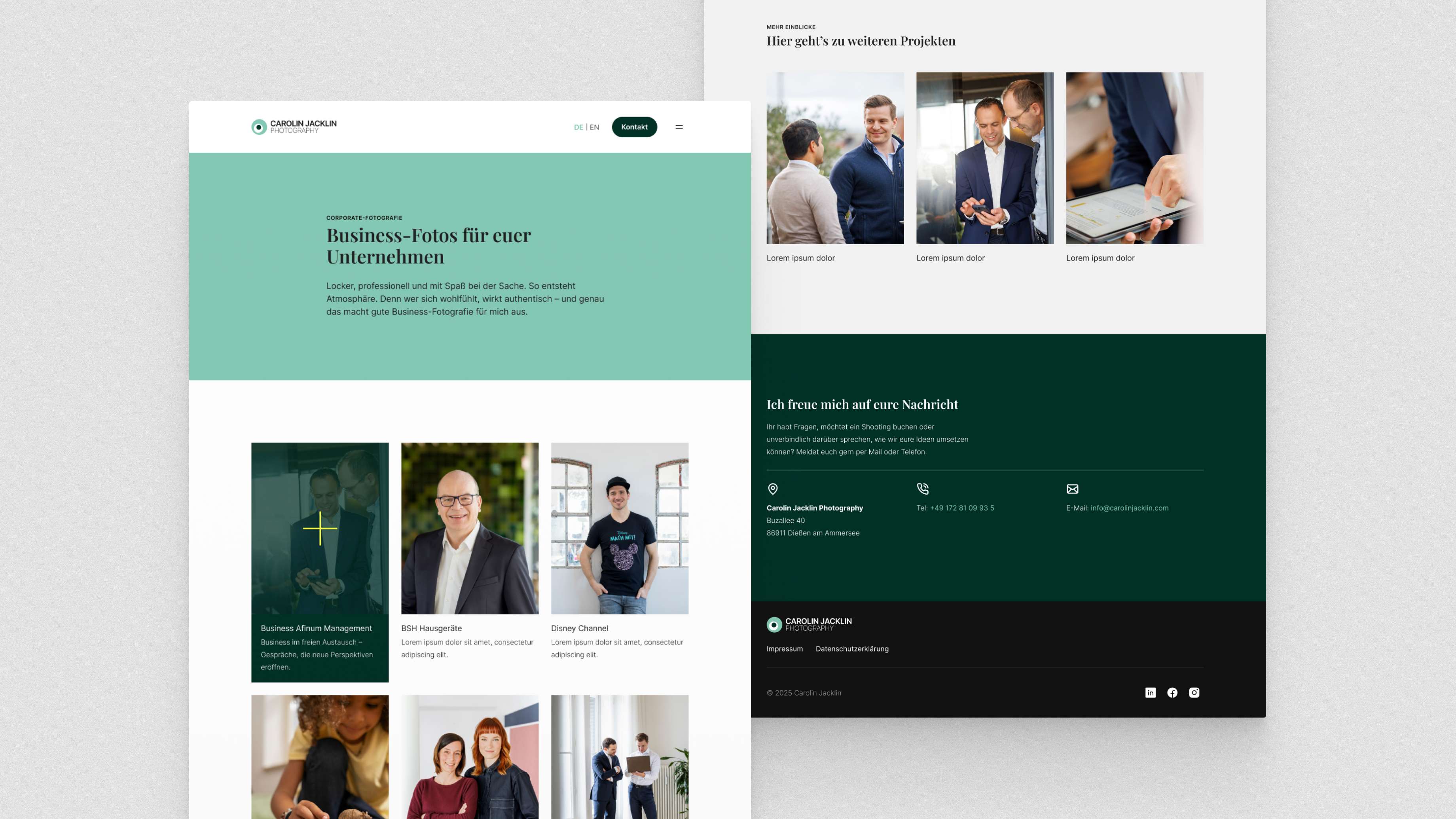 An image showing two sections of the Carolin Jacklin Photography website, featuring a project gallery, portraits and a contact section, set against a green background.