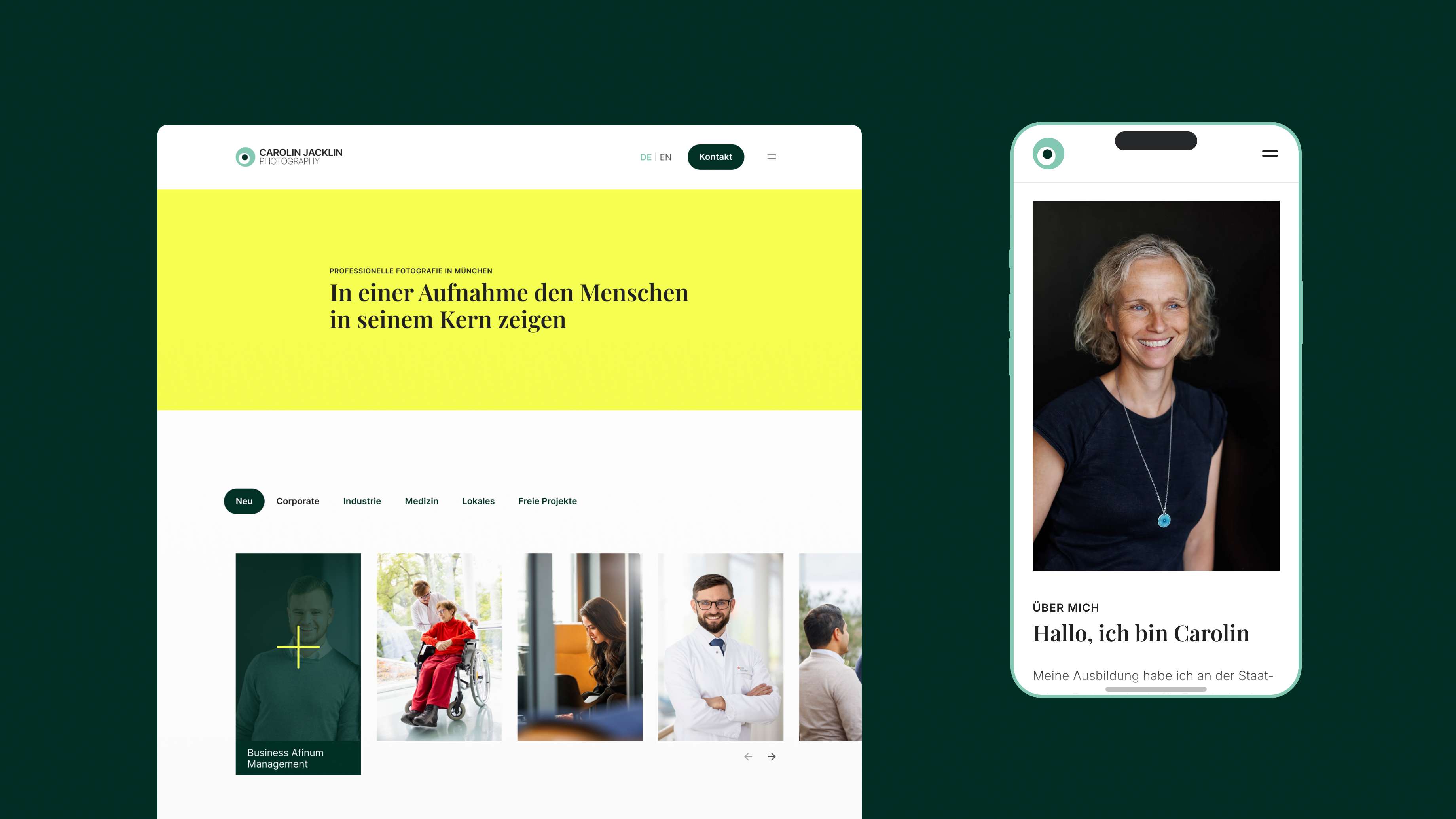 A section of the Carolin Jacklin Photography website featuring bold colours against a dark green background, and an image of a smartphone displaying a smiling woman.