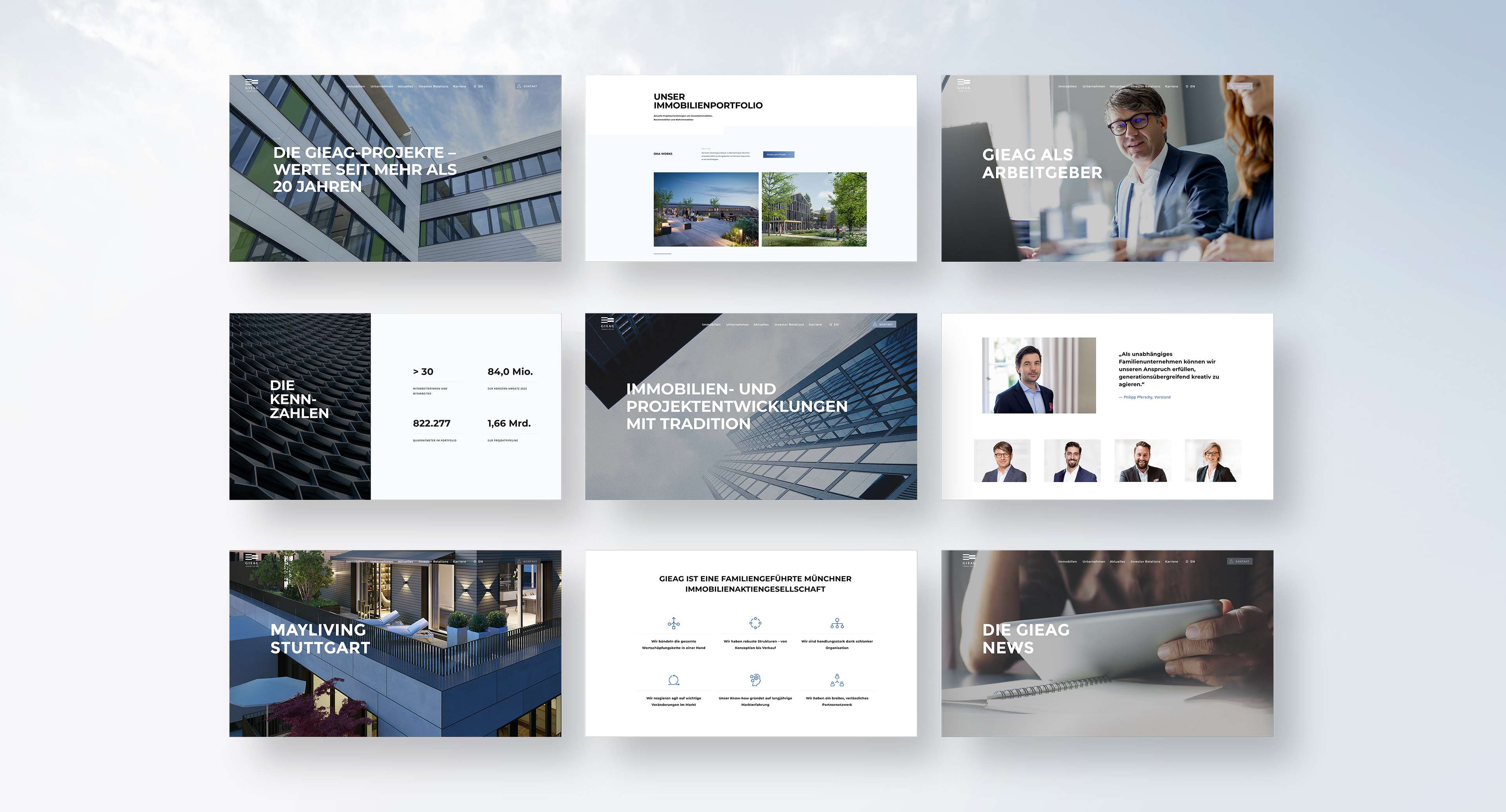 9 screenshots from the GIEAG website arranged in a rectangle: various sub pages with company facts, the employer branding page, a team gallery and more information