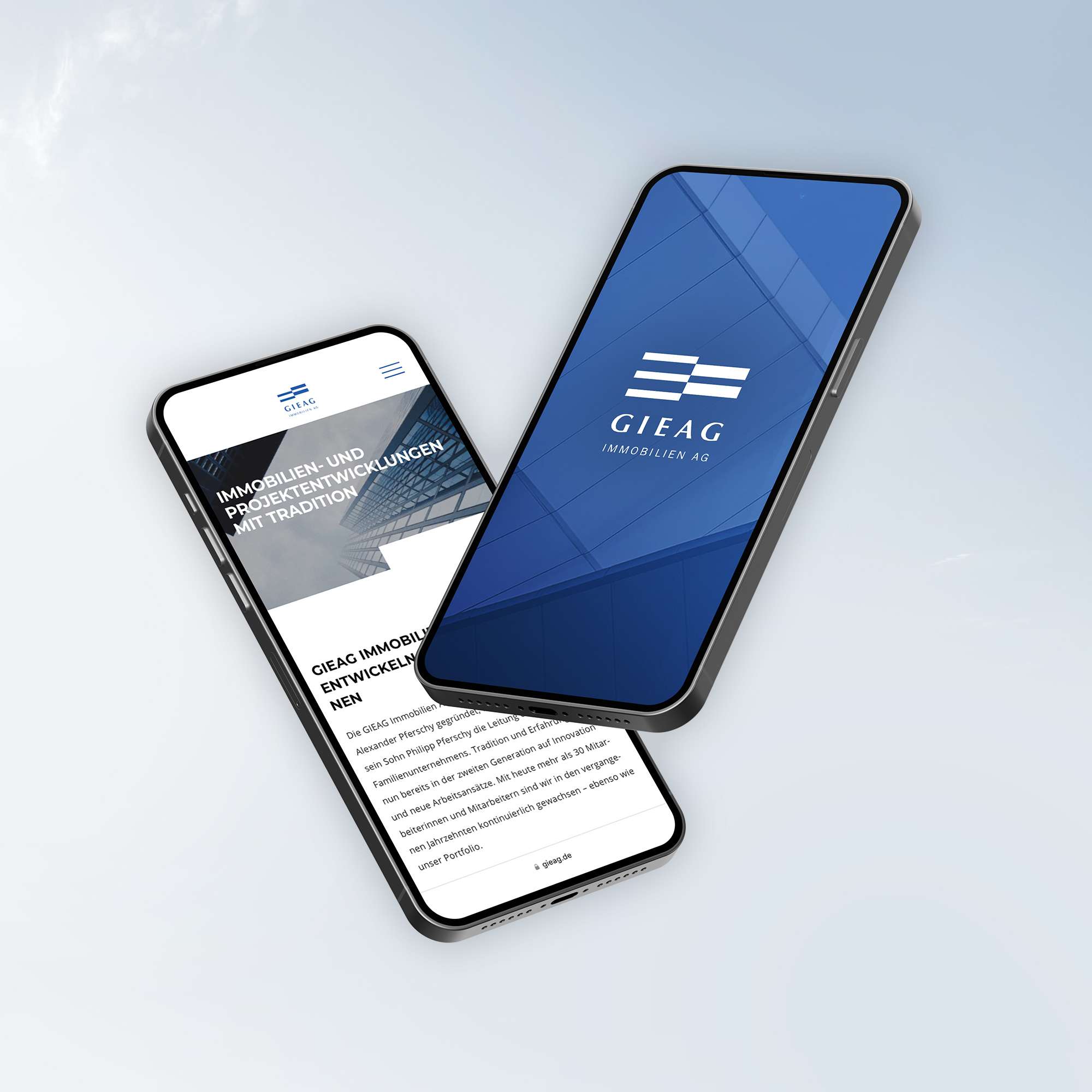 Two overlapping mockups in smartphones, one showing the GIEAG website, the other the GIEAG logo on a dark blue background