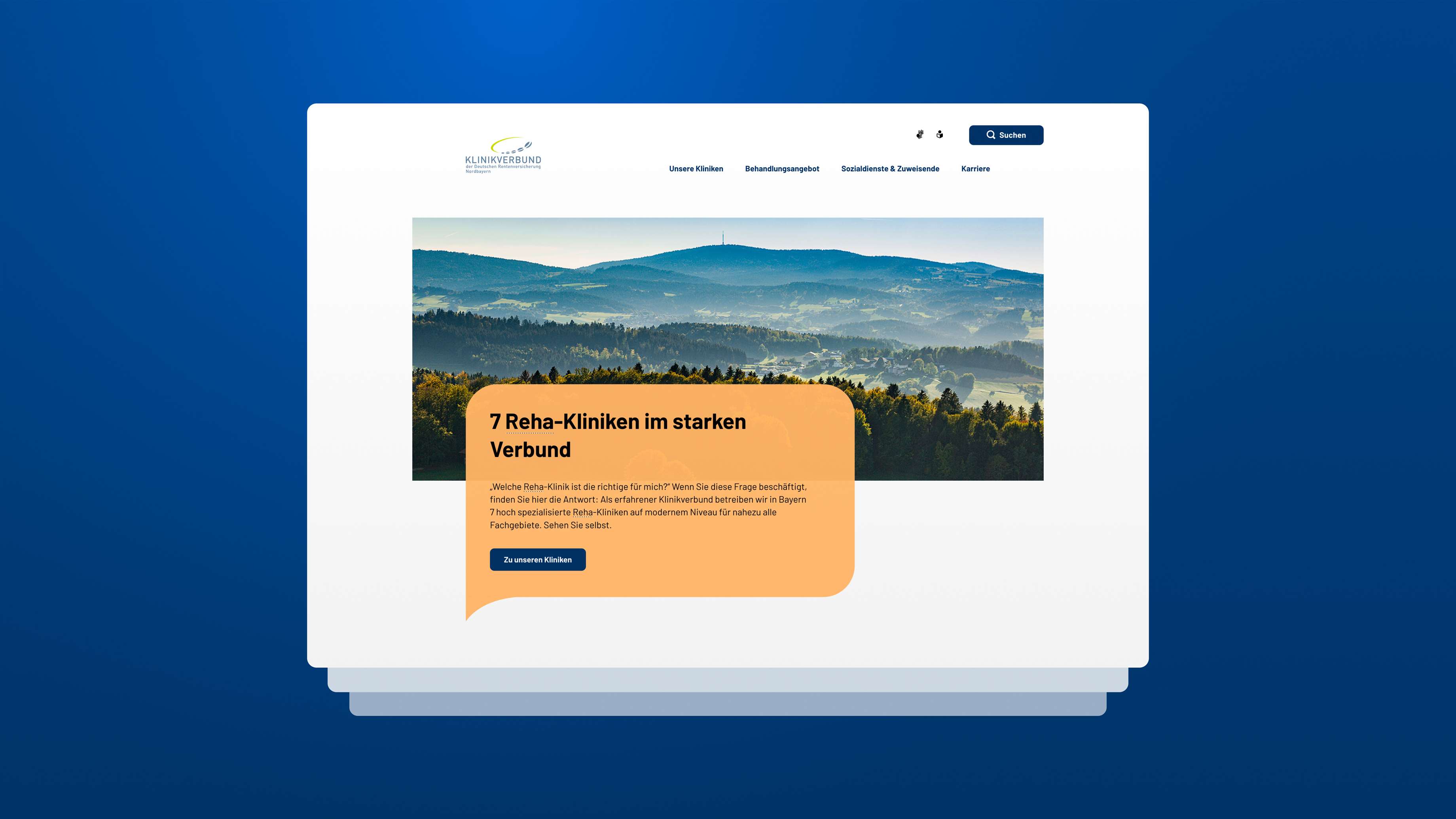 Screenshot von der Startseite der Kliniken der DRV Nordbayern mit Headerbild „7 Reha-Kliniken im starken Verbund“ und der Hauptnavigation