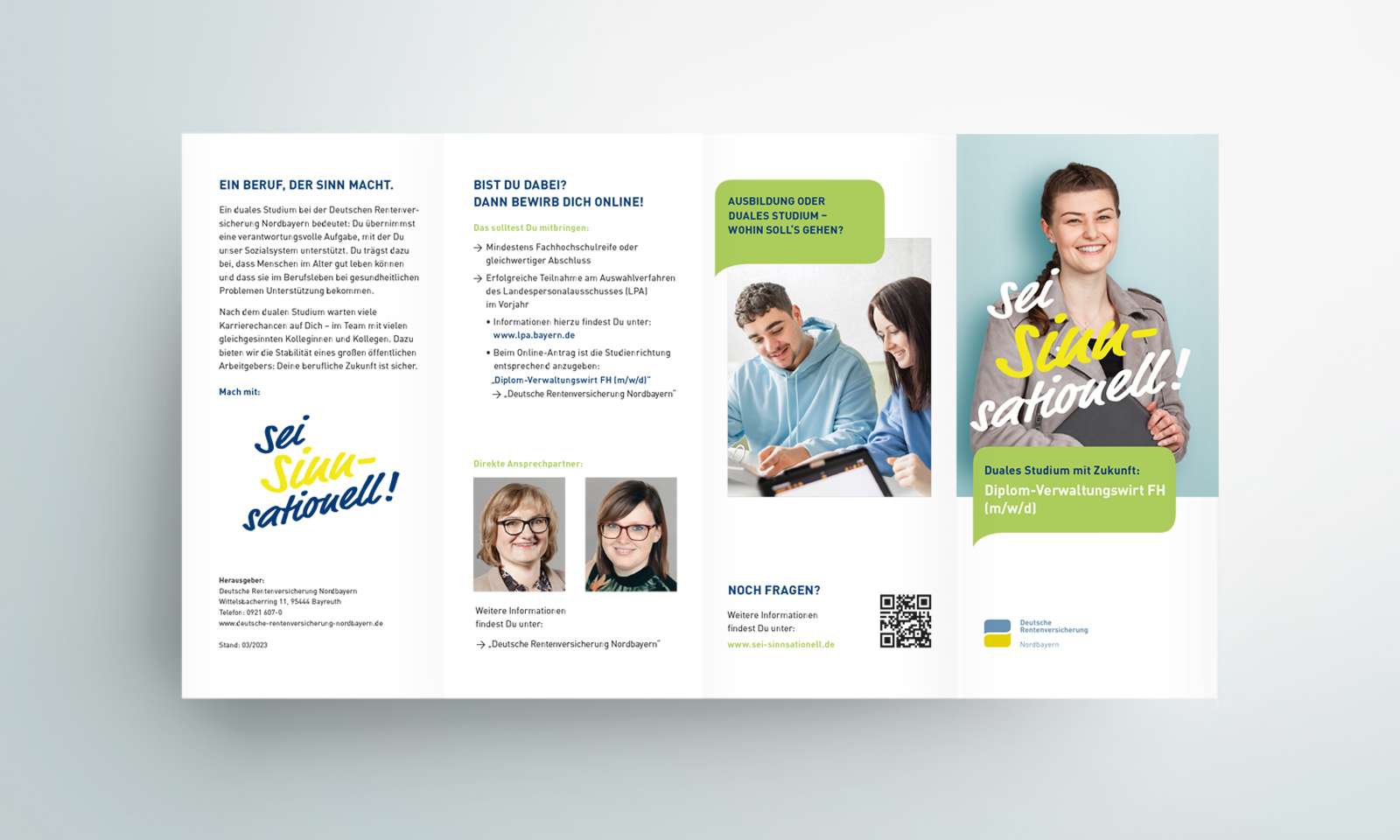 Unfolded flyer from the DRV Nord personnel campaign advertising an integrated degree program and containing more information about the job and the application process