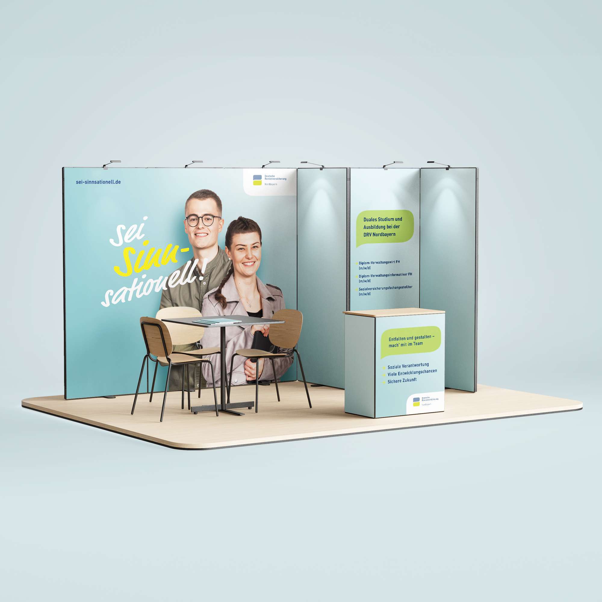 DRV Nord personnel campaign stand with seating and background which is illustrated with the claim “Sei sinn-sationell!”