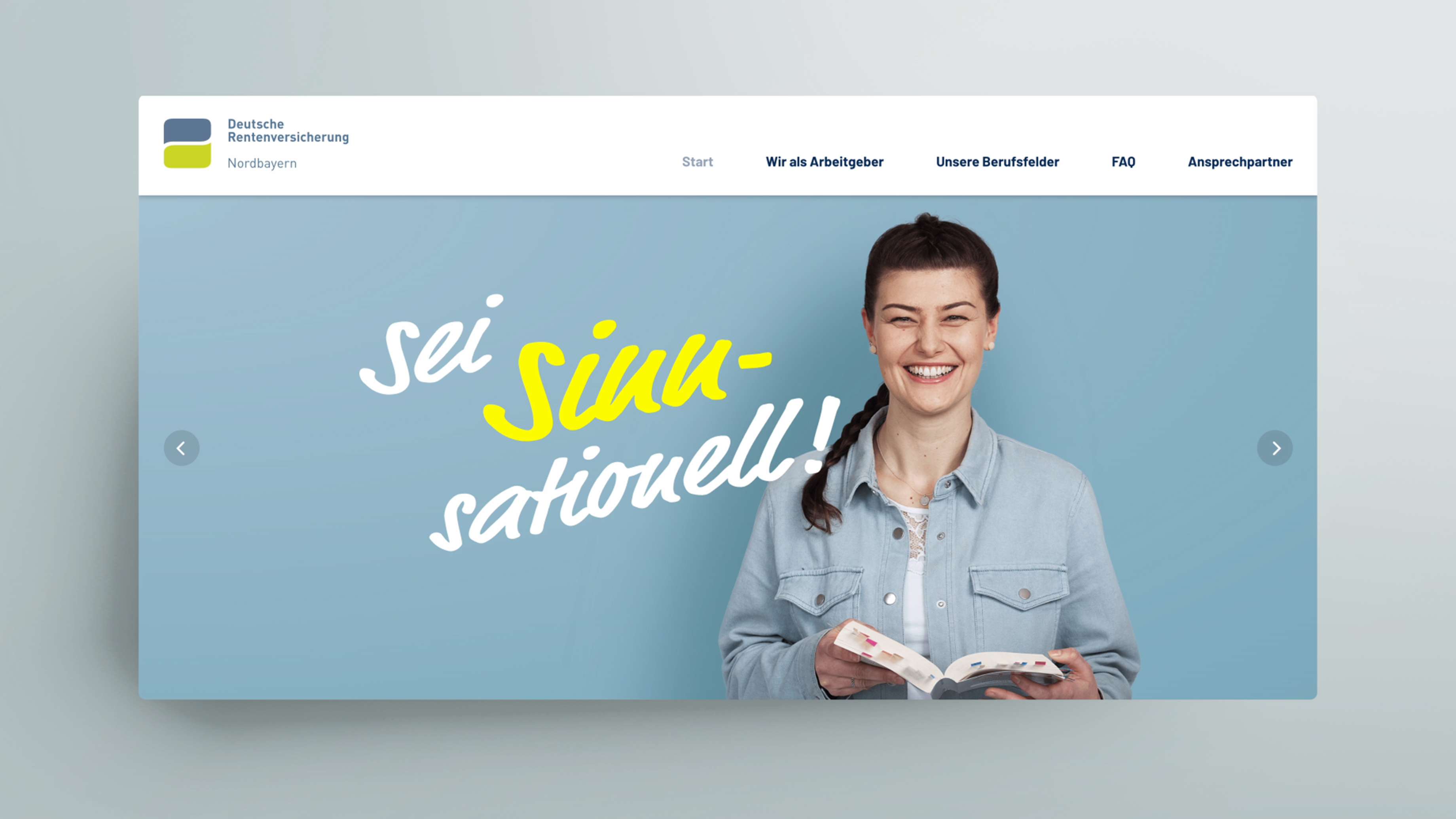 Screenshot of the header image from the website for the DRV Nord personnel campaign with the key visual (showing a young woman who is smiling and holding an open book with markers in front of herself) and the claim “Sei sinn-sationell!”
