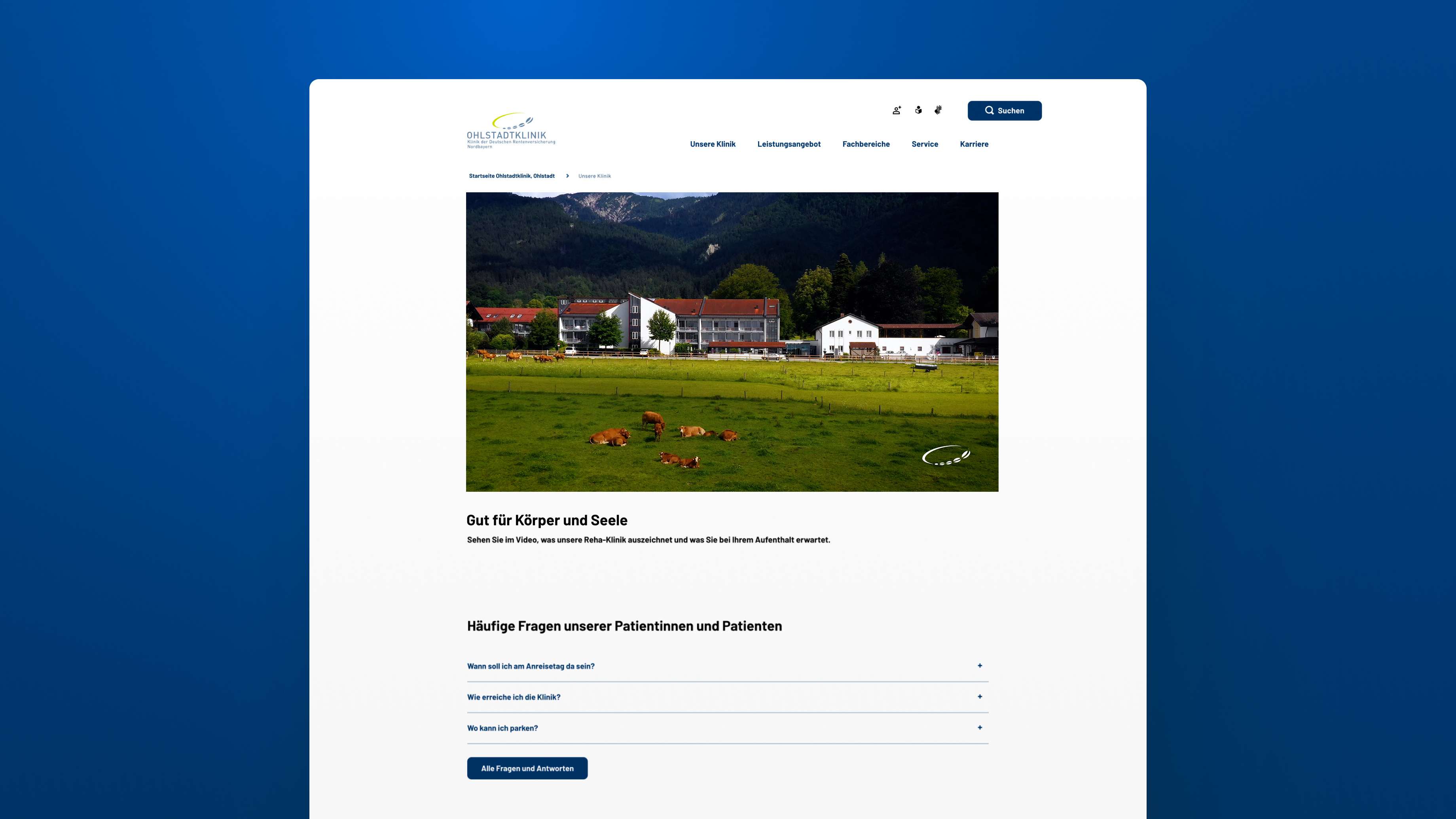 Screenshot von der Website der Kliniken der DRV Nordbayern mit dem Klinikfilm und FAQs sowie der Hauptnavigation