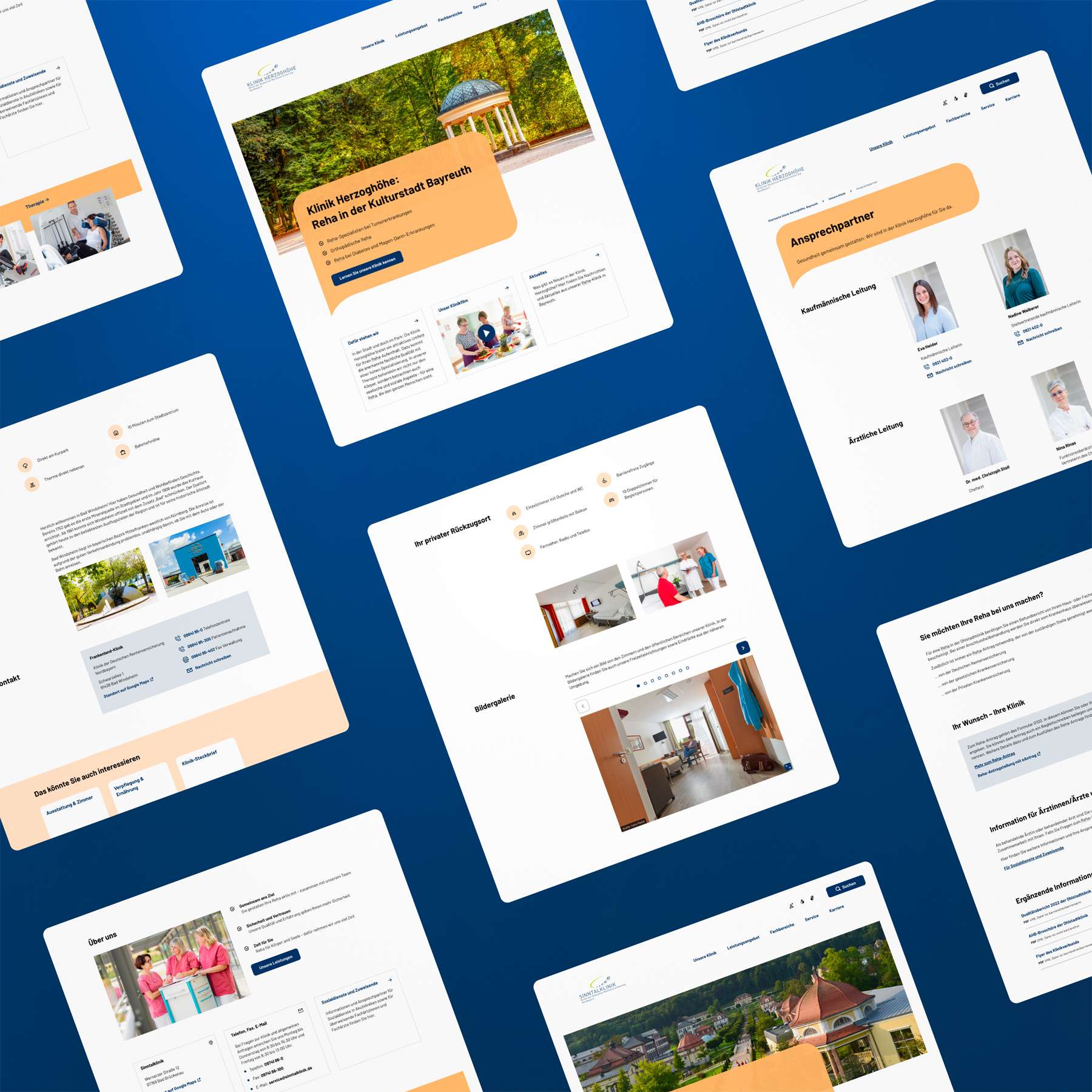Mehrere Screenshots von Unterseiten der Website der Kliniken der DRV Nordbayern auf blauem Grund