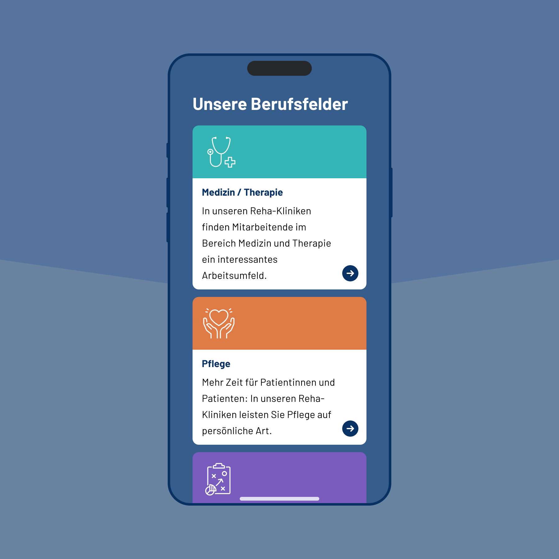 Image of a smartphone screen against a blue background – showing information on career fields in medicine/therapy and care.
