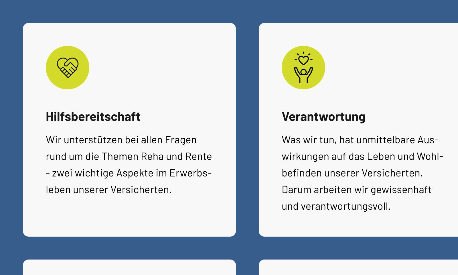 Two information boxes on helpfulness and responsibility with icons on green hearts and short copy.