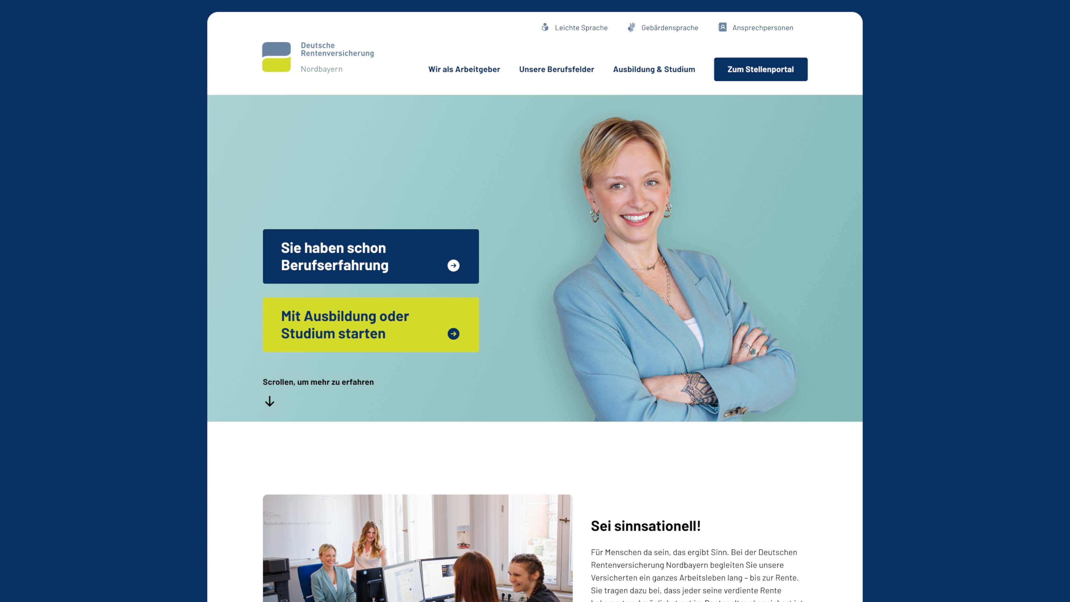 Depiction of a website featuring a smiling woman in a blue blazer and information on job and study opportunities at the German Pension Insurance.