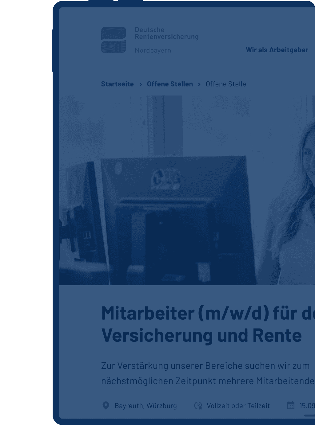 Website with information about a job advertisement for an employee in the insurance and pensions sector, over which a transparent blue overlay is placed.