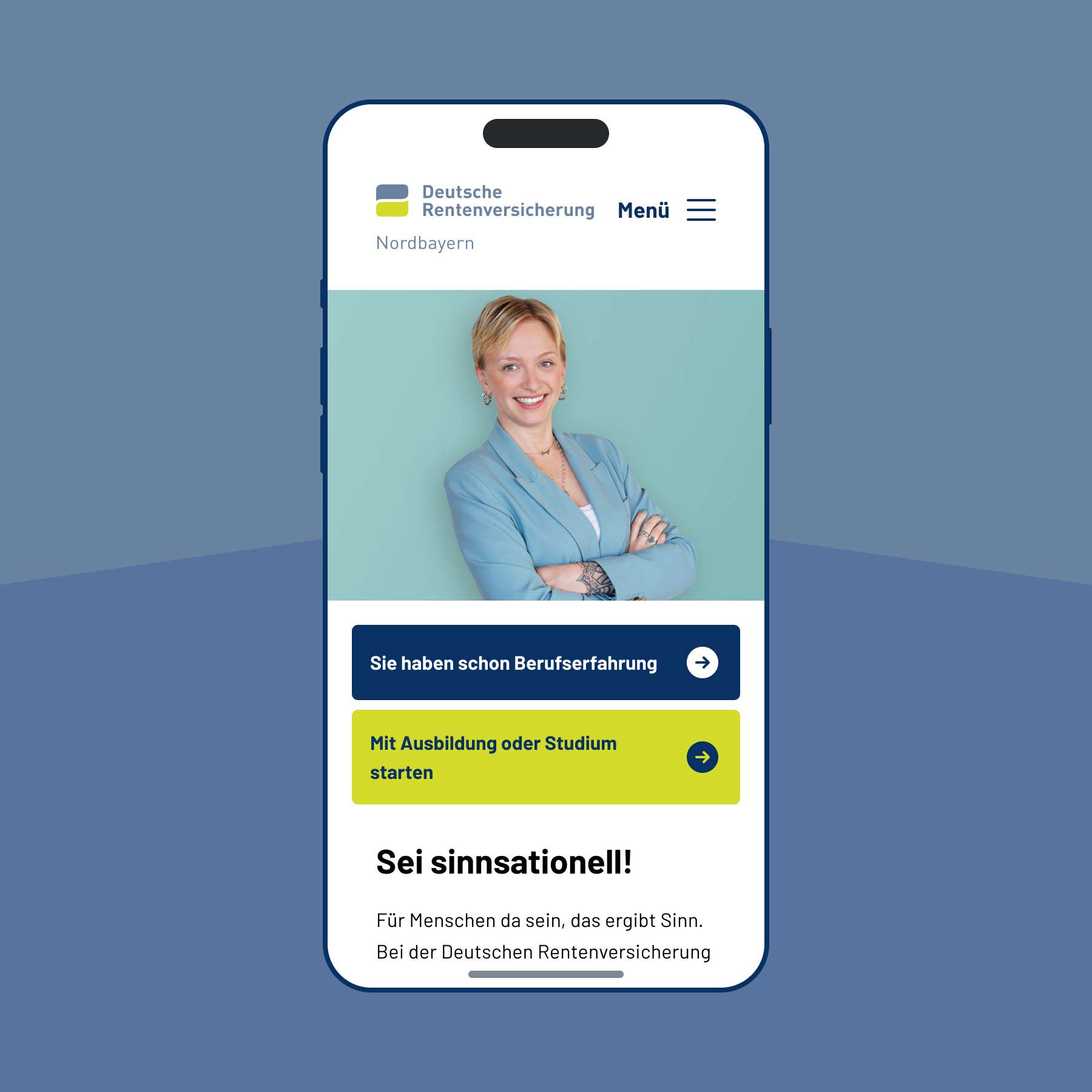 Image of a smartphone against a blue background displaying the German Pension Insurance website, featuring a smiling woman and two coloured button areas.