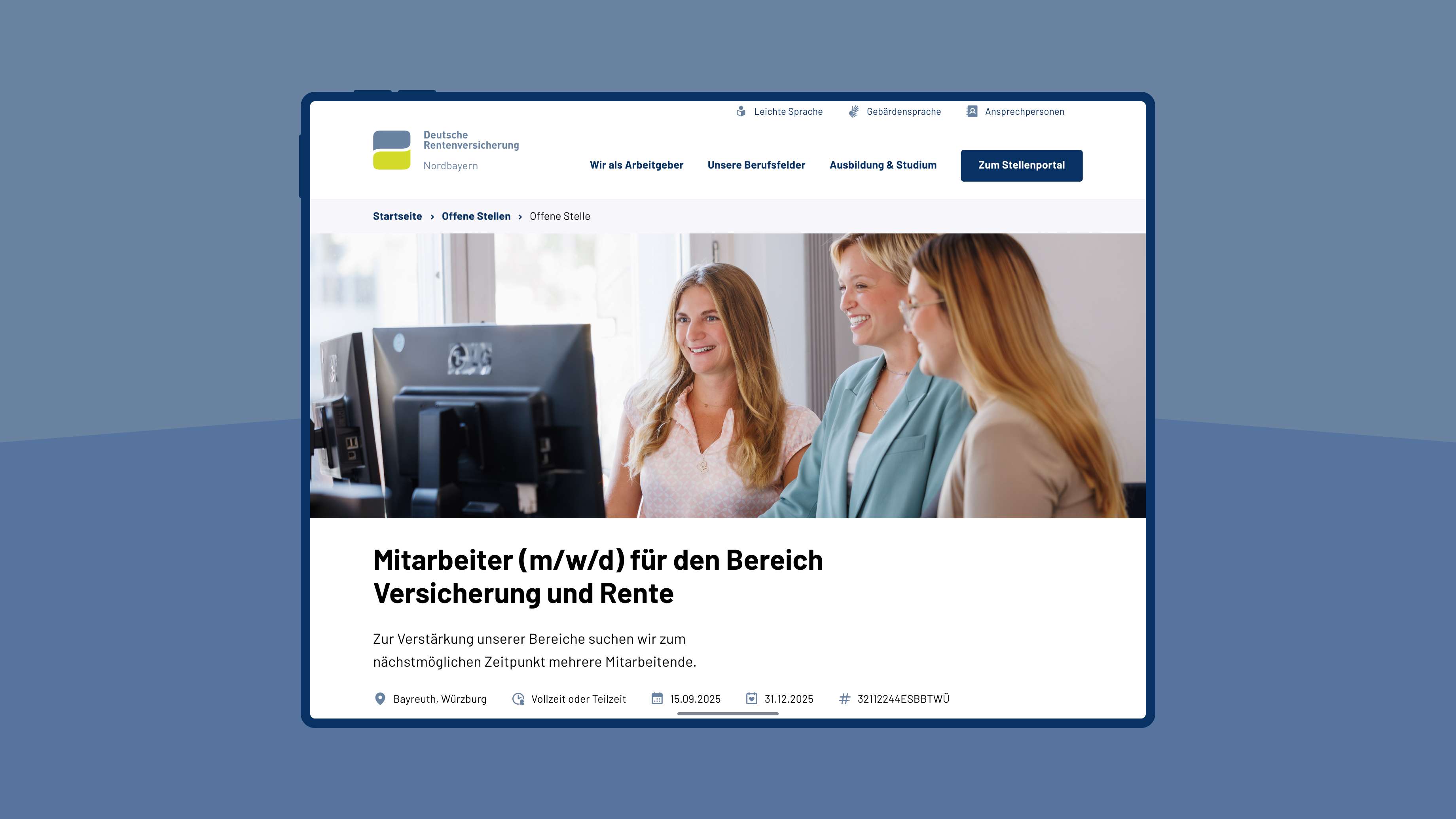 View of a webpage with a menu bar, copy, and an image of three women smiling as they look at a computer screen.
