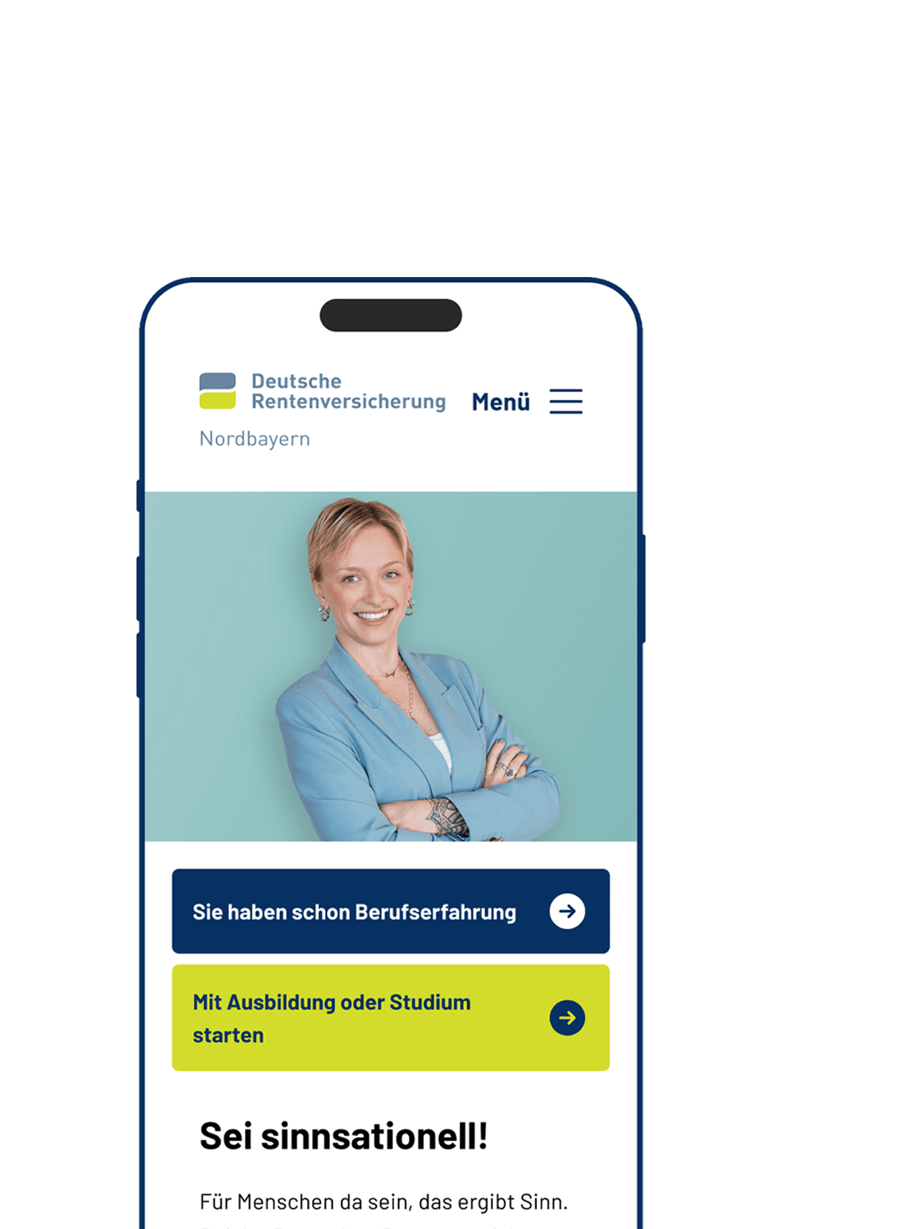 Image of a smartphone against a white background displaying the German Pension Insurance website, featuring a smiling woman and two coloured button areas.