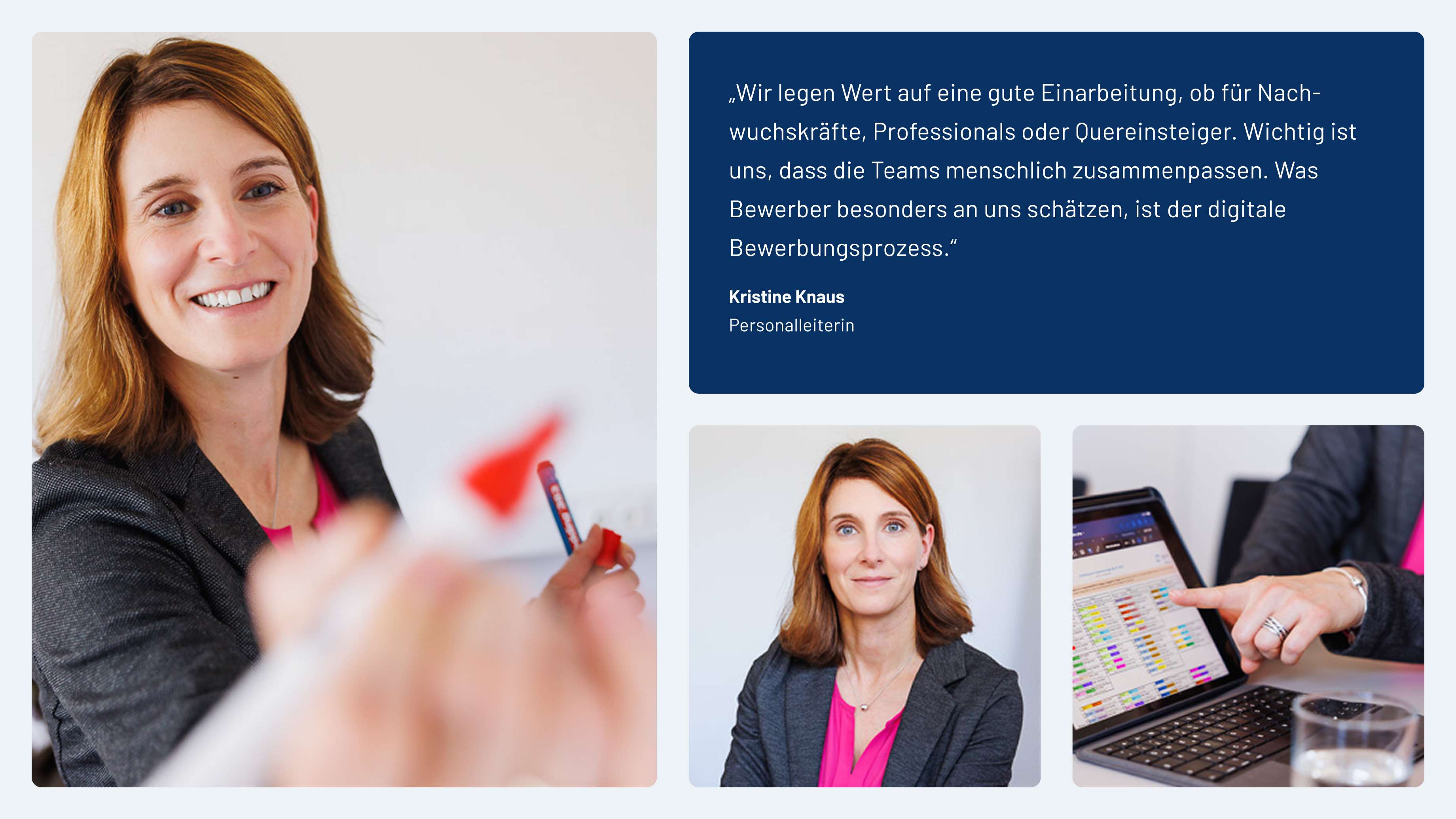 Various text and image elements of a website, including a quotation on a blue background and images of a woman with brown hair wearing a black blazer.