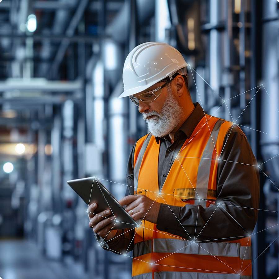 An engineer wearing a helmet and high-visibility vest checks important physical resilience parameters on his tablet in an industrial plant.