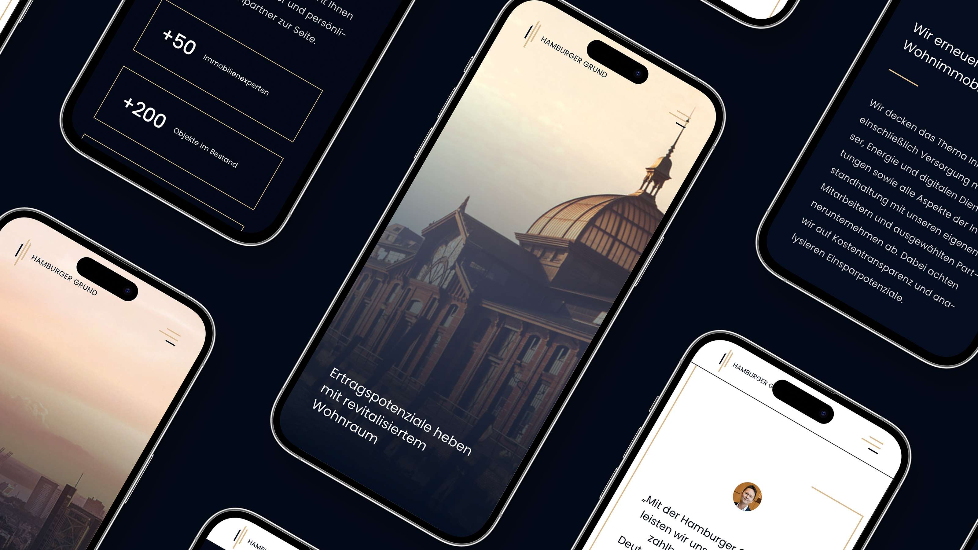 Mockups of the mobile view of multiple sub pages of the Hamburger Grund website on smartphones