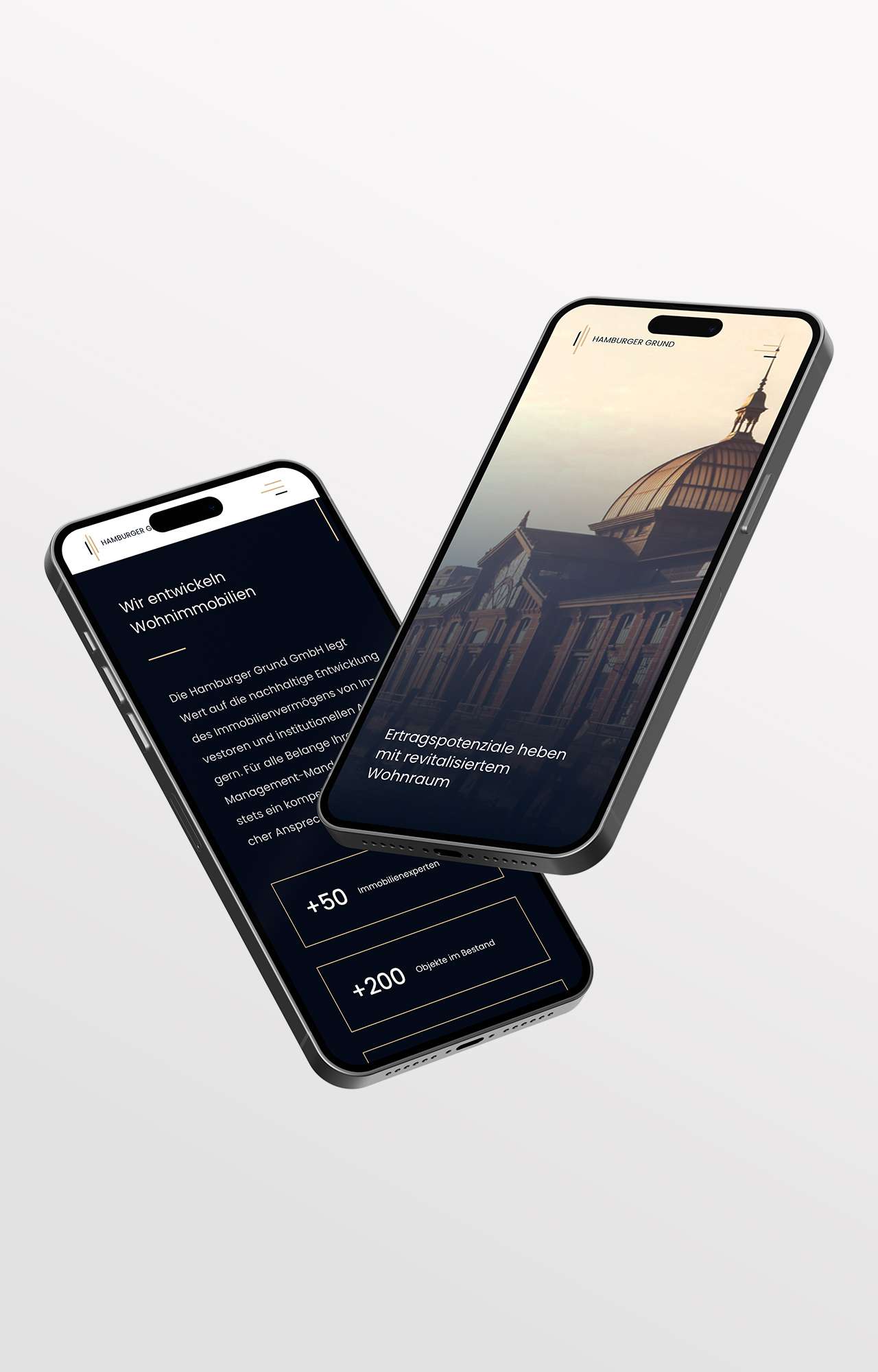 Two overlapping mockups of the mobile view of the Hamburger Grund website in smartphones