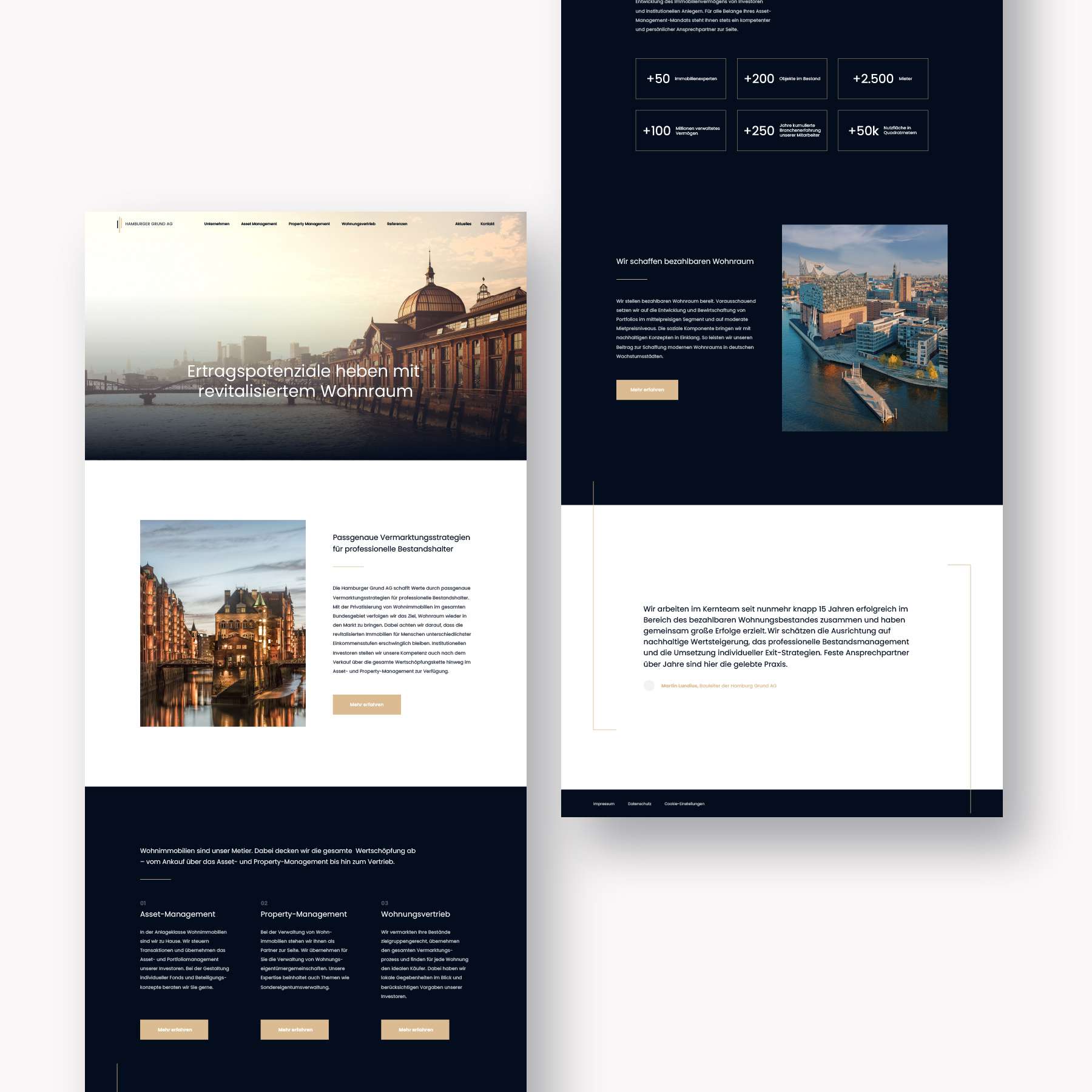 Two screenshots of the Hamburger Grund website on which multiple website modules are visible