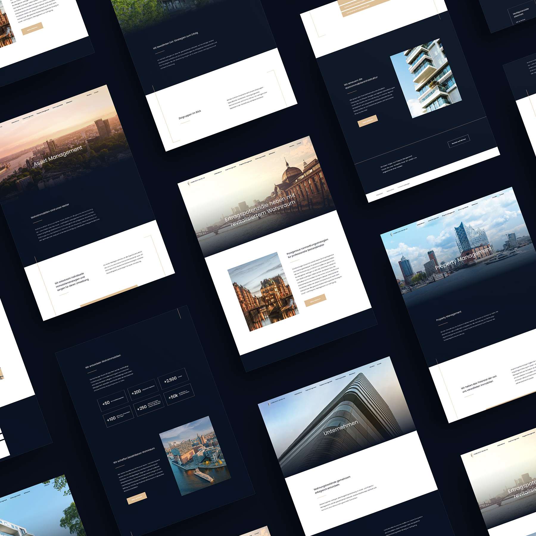 Screenshots der Website von Hamburger Grund: various views of sub pages in a top-down perspective and a portrait format running from top to bottom