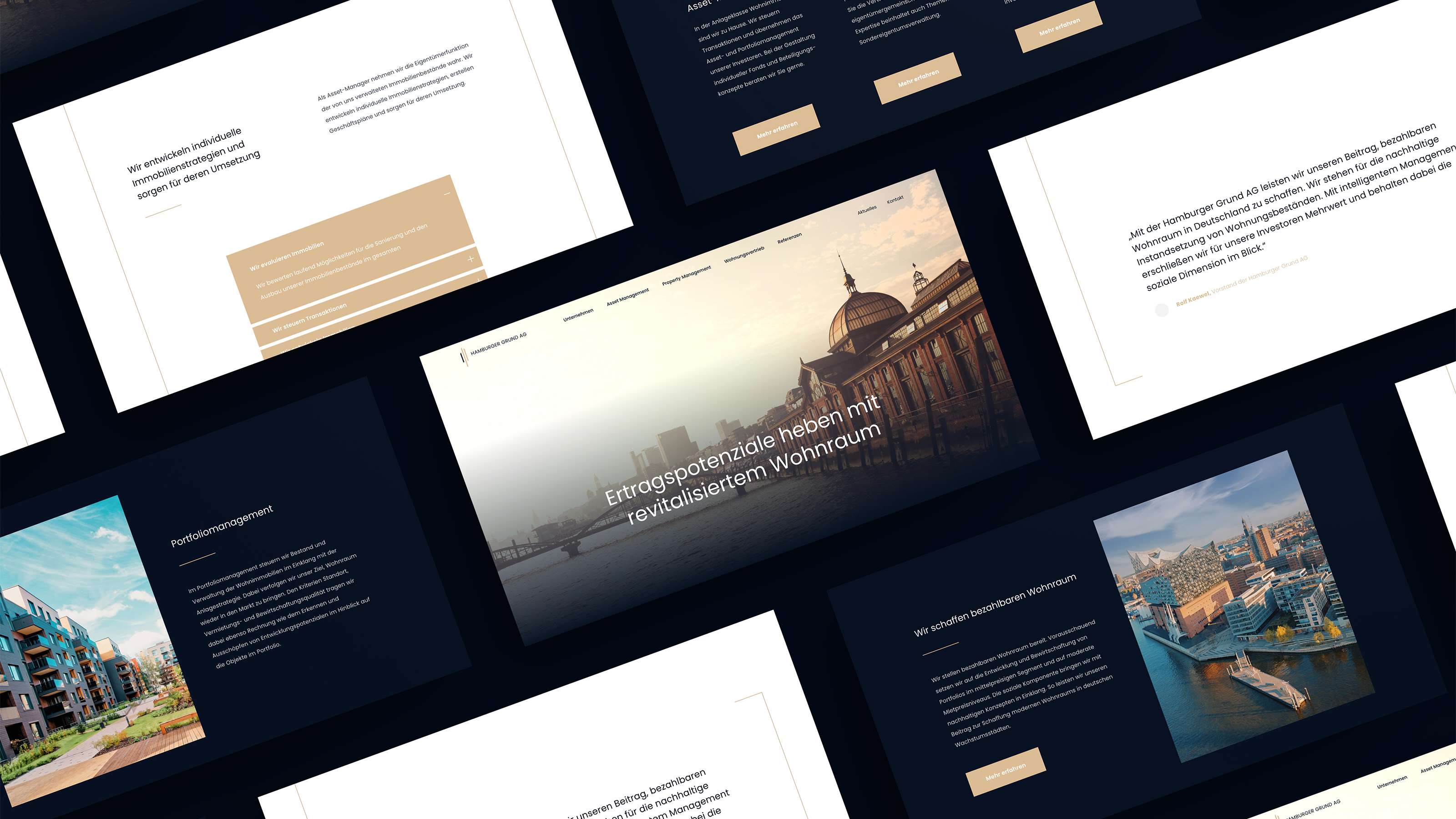Screenshots of the Hamburger Grund website: various views of sub pages of the website running from left to right in a landscape format