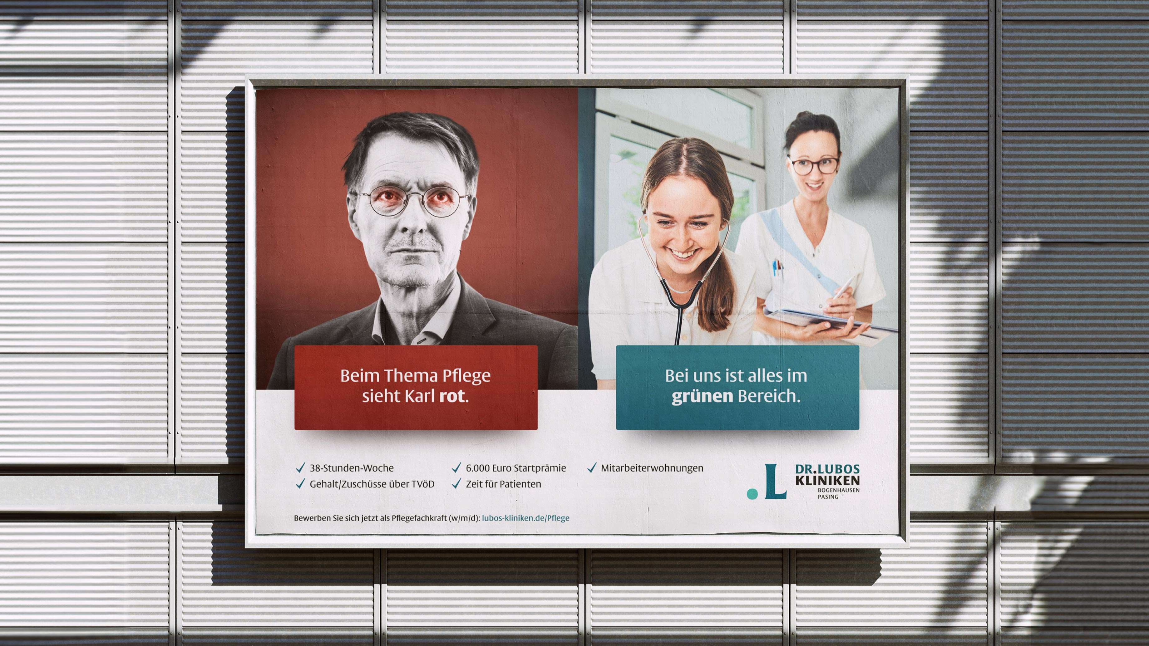 Billboard von der Pflegekampagne für die Lubos Kliniken: links Karl Lauterbach mit roten Augen „Beim Thema Pflege sieht Karl rot“, rechts zwei Pflegekräfte „Bei uns ist alles im grünen Bereich“