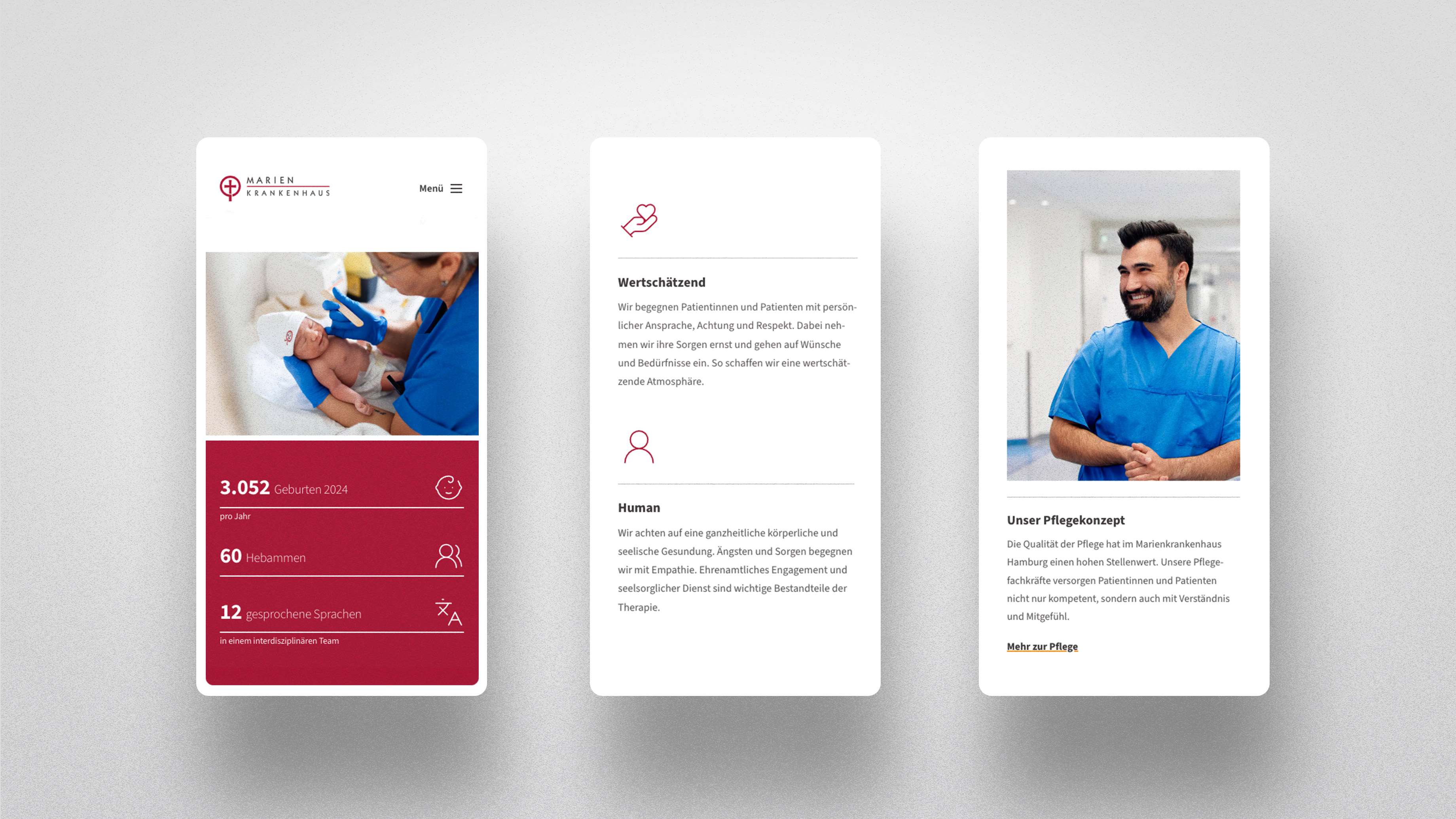 Three mobile screen views with medical information, images of specialists and statistics.