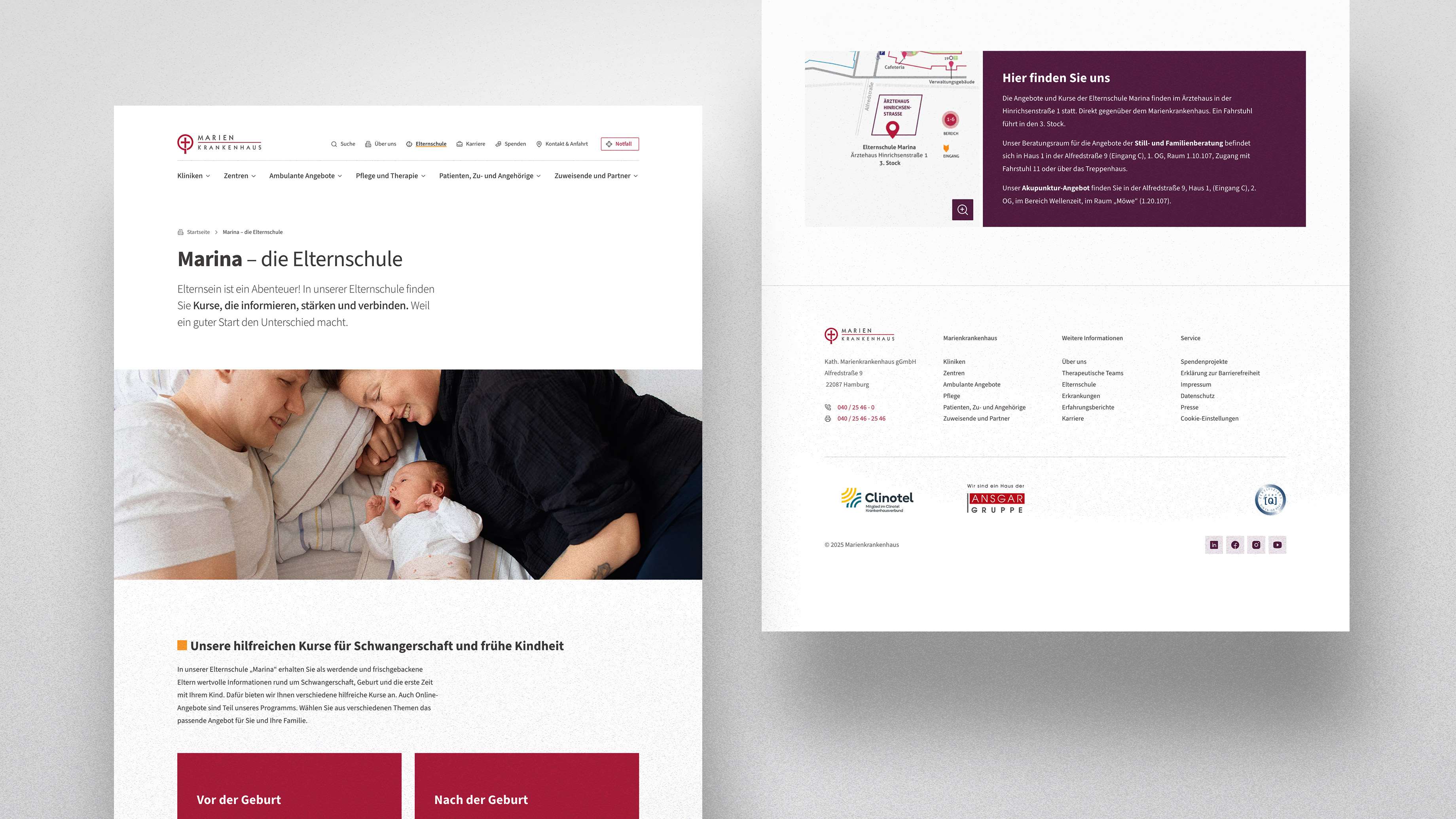 Website about a clinic offering obstetric services, showing a family with a newborn baby and contact information.