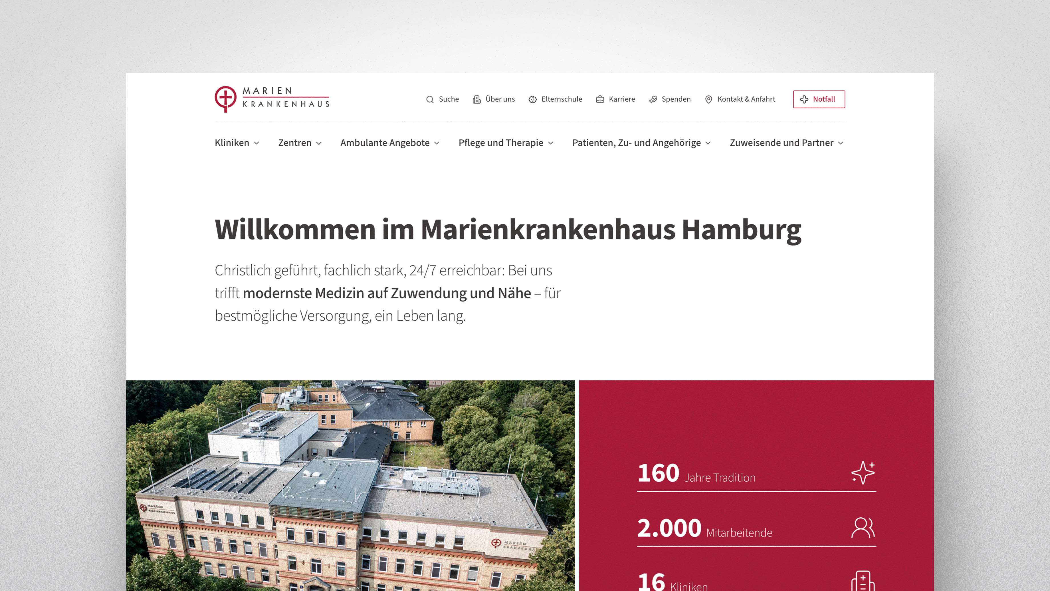 Website of the Marienkrankenhaus Hamburg with a welcome message, image and information about the facility.