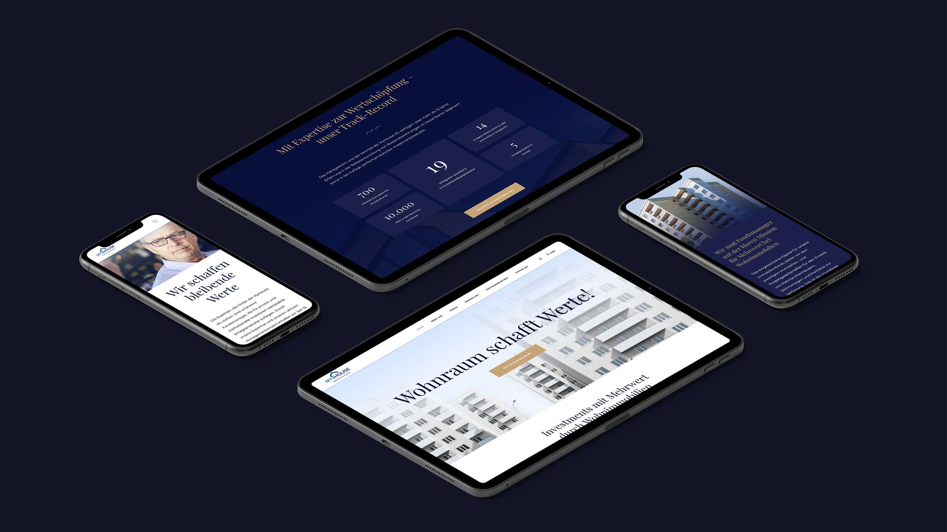 Mockups of several views of the My House website in smartphones and tablets: company figures, their mission statement, a hero image