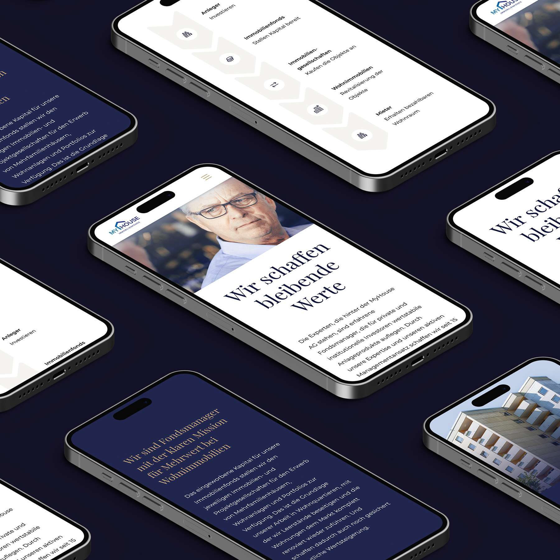 Mockups of several views of the My House website in smartphones: company figures, their mission statement, and a hero image