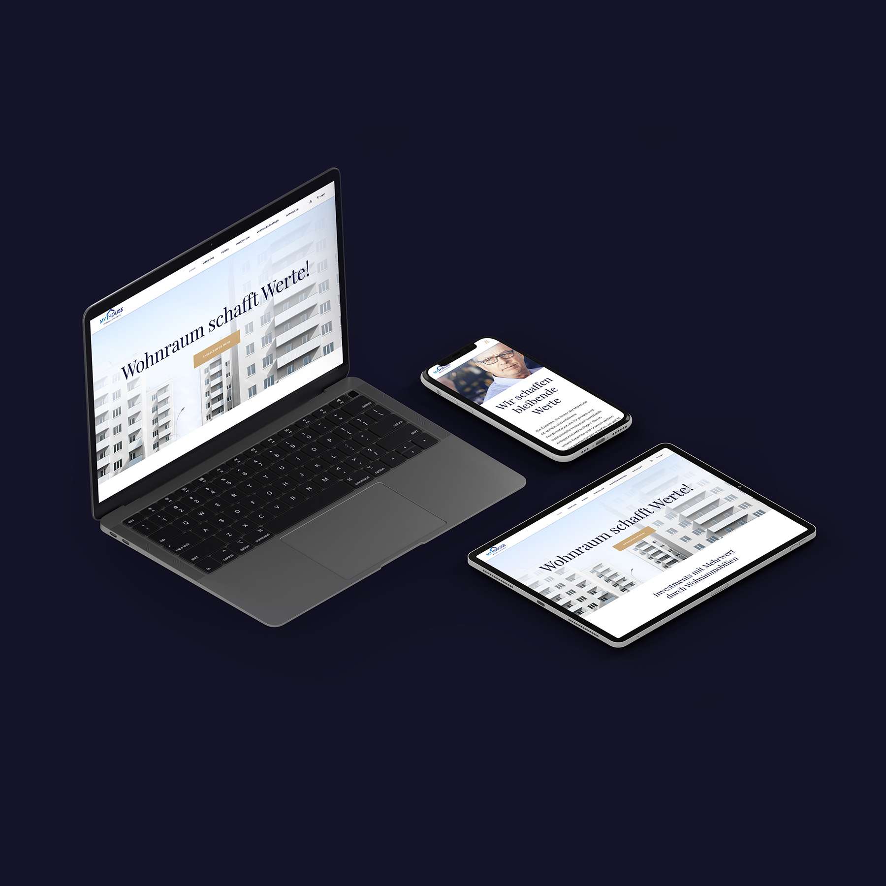 Mockups of main page of the My House website in a MacBook, smartphone and tablet with a key visual showing a residential building and the claim “Housing creates value!”