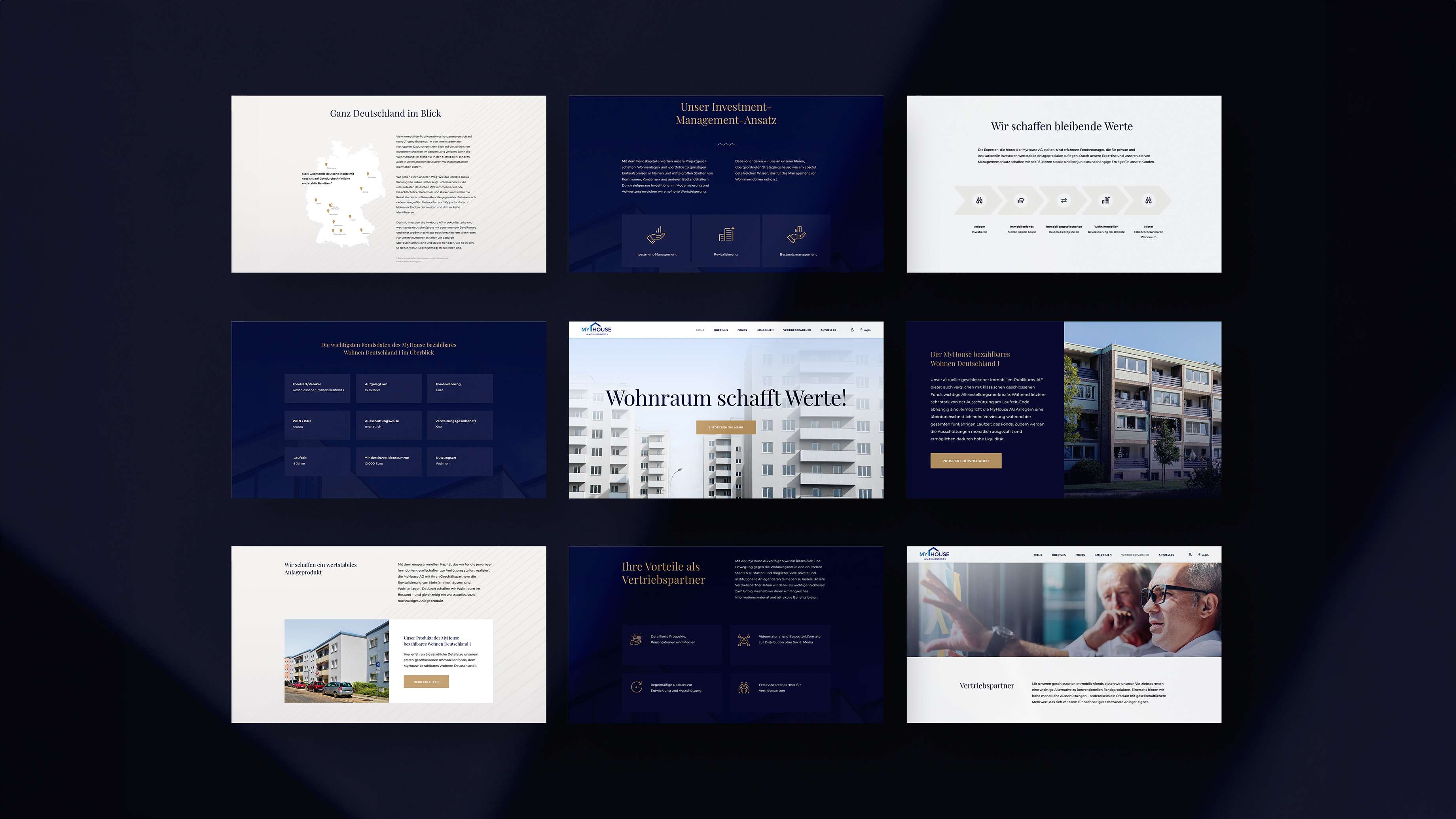 Screenshots of several views of the My House website: company figures, mission statement, a hero image and more views of content modules