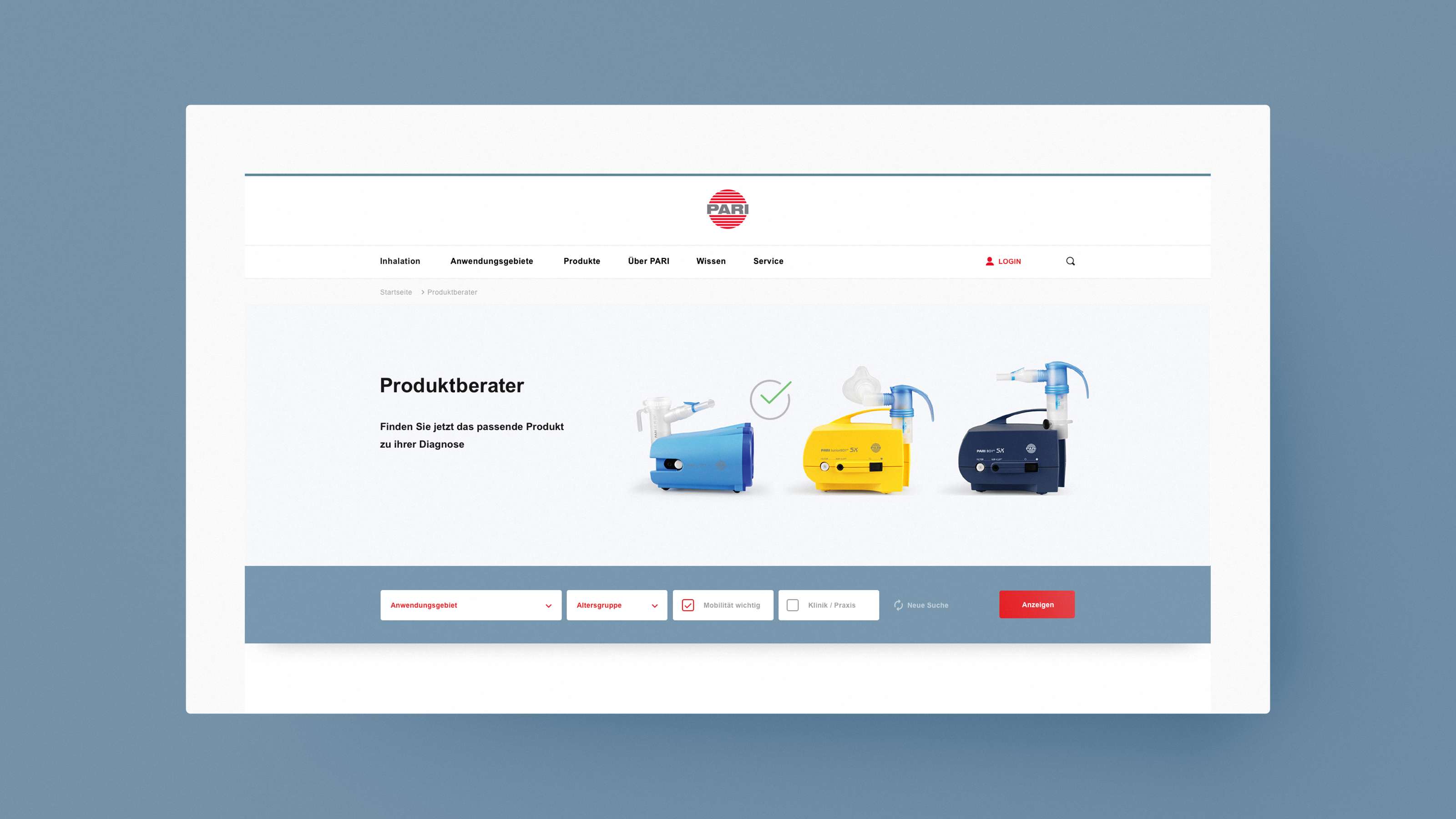 Screenshot of the product advisor on the PARI website on which three inhalation devices are pictured and can be individualised with four different filters